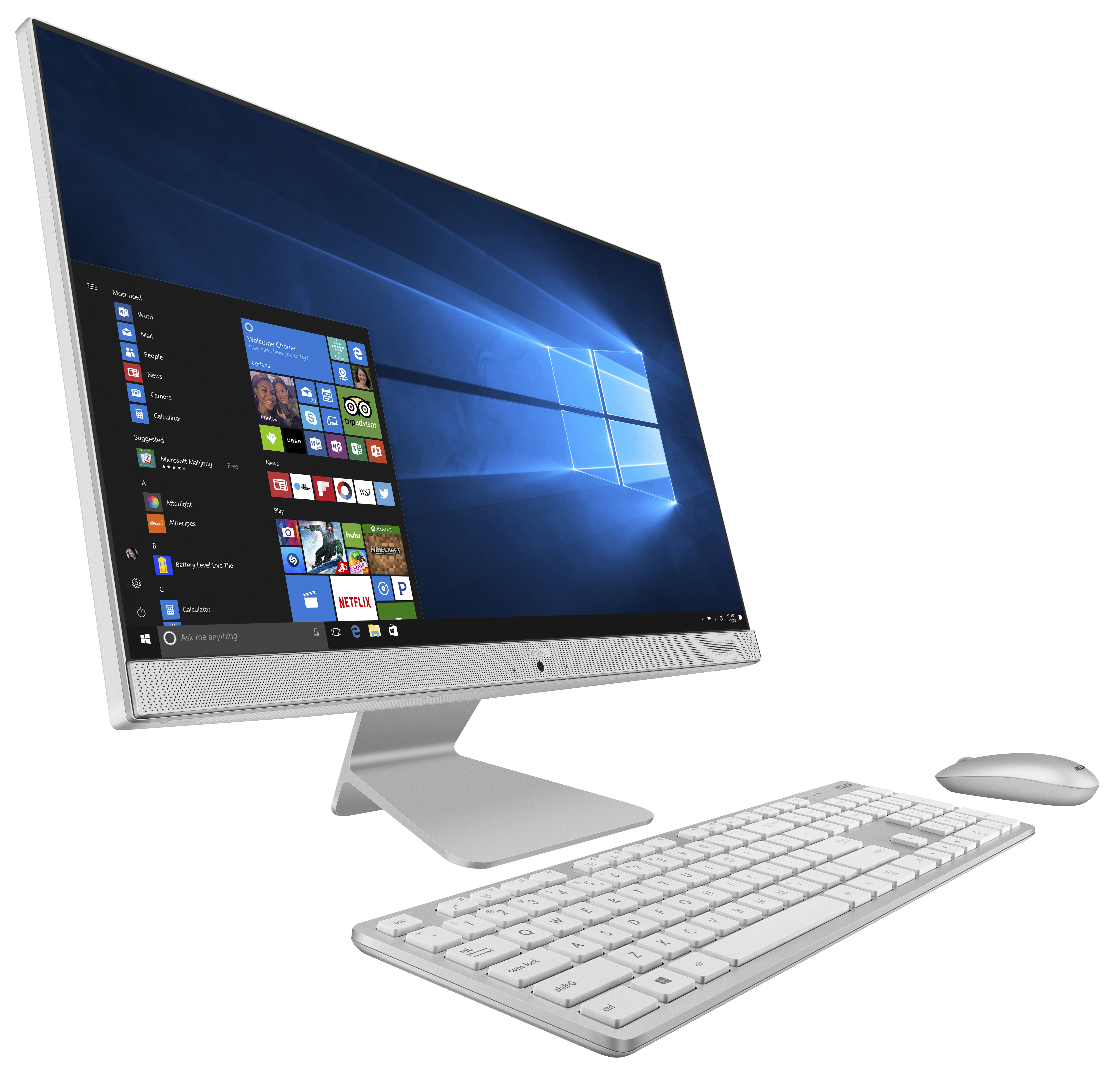 Una computadora todo en uno plateada con una pantalla grande que muestra una interfaz de Windows, teclado y mouse.