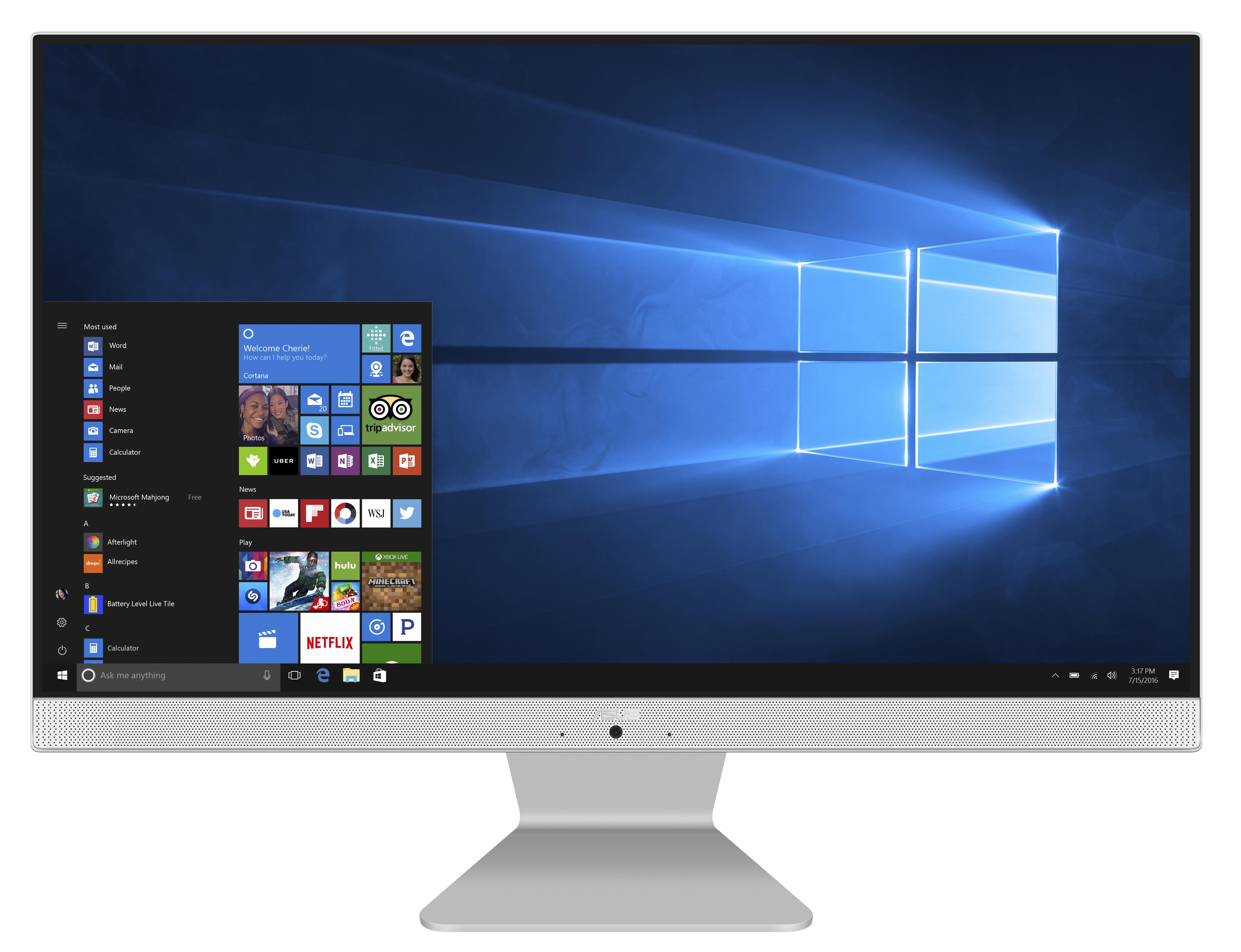 Ordenador todo en uno con pantalla Windows mostrando aplicaciones y webcam.
