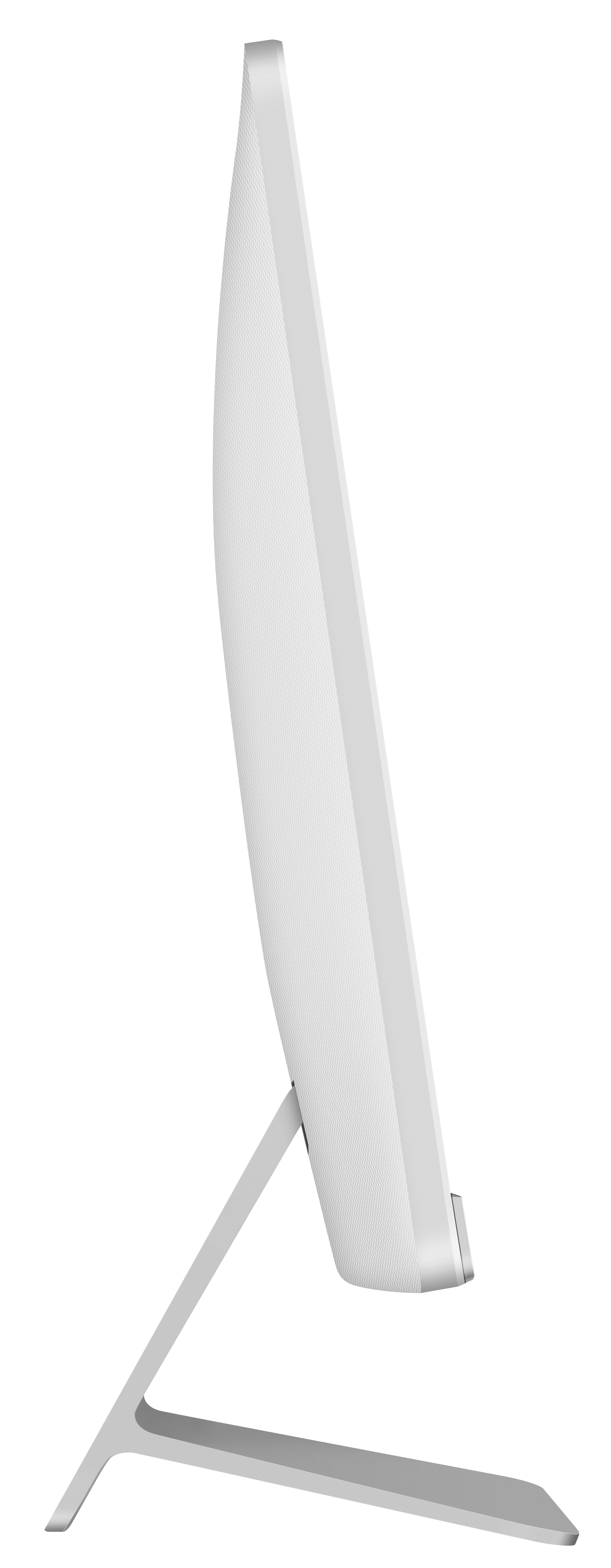 Un monitor de computadora blanco, visto de lado. Tiene una pantalla curva y está sostenido por un soporte plateado.