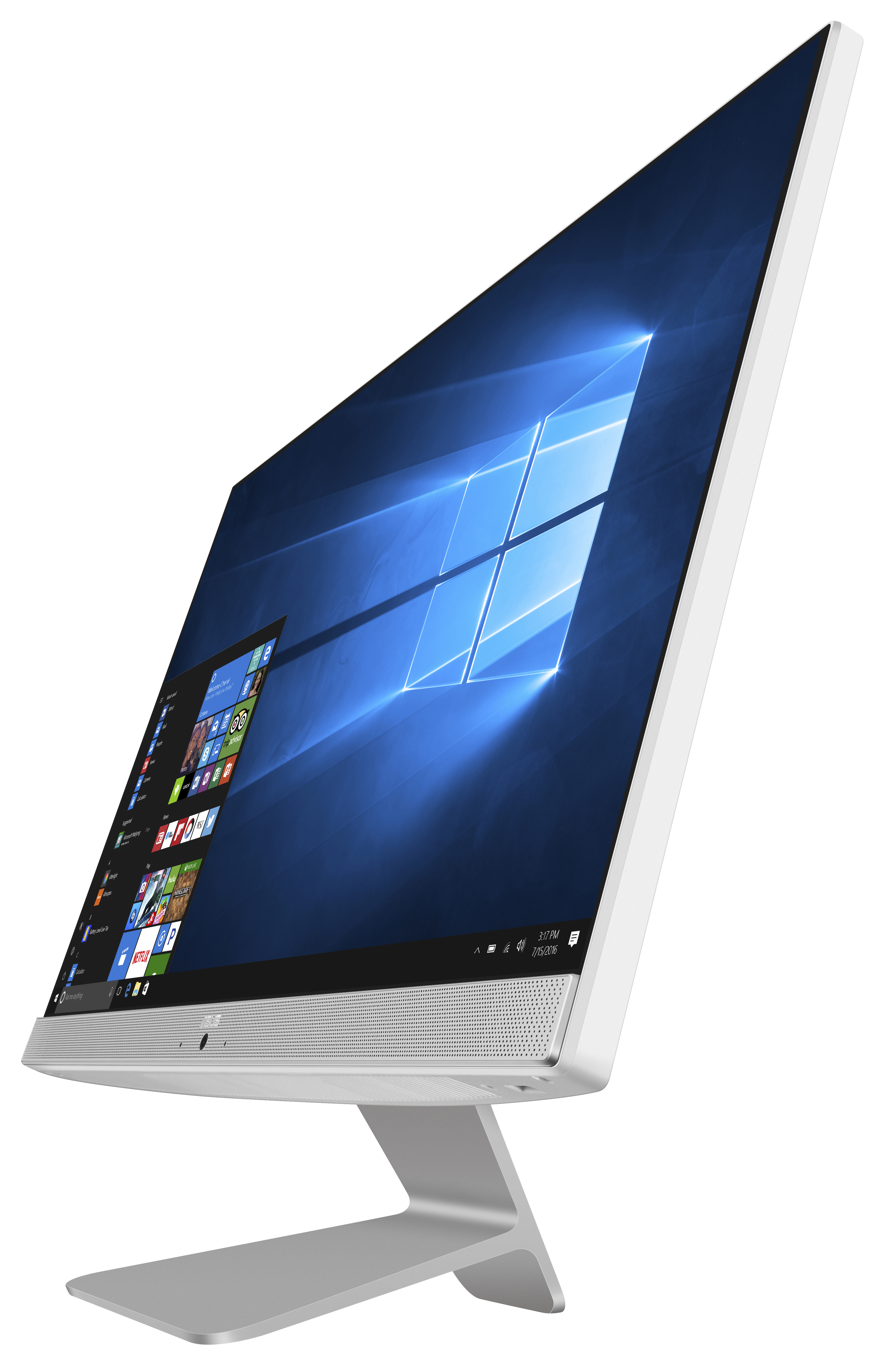 Monitor de computadora blanco con soporte plateado y una pantalla brillante de Windows.