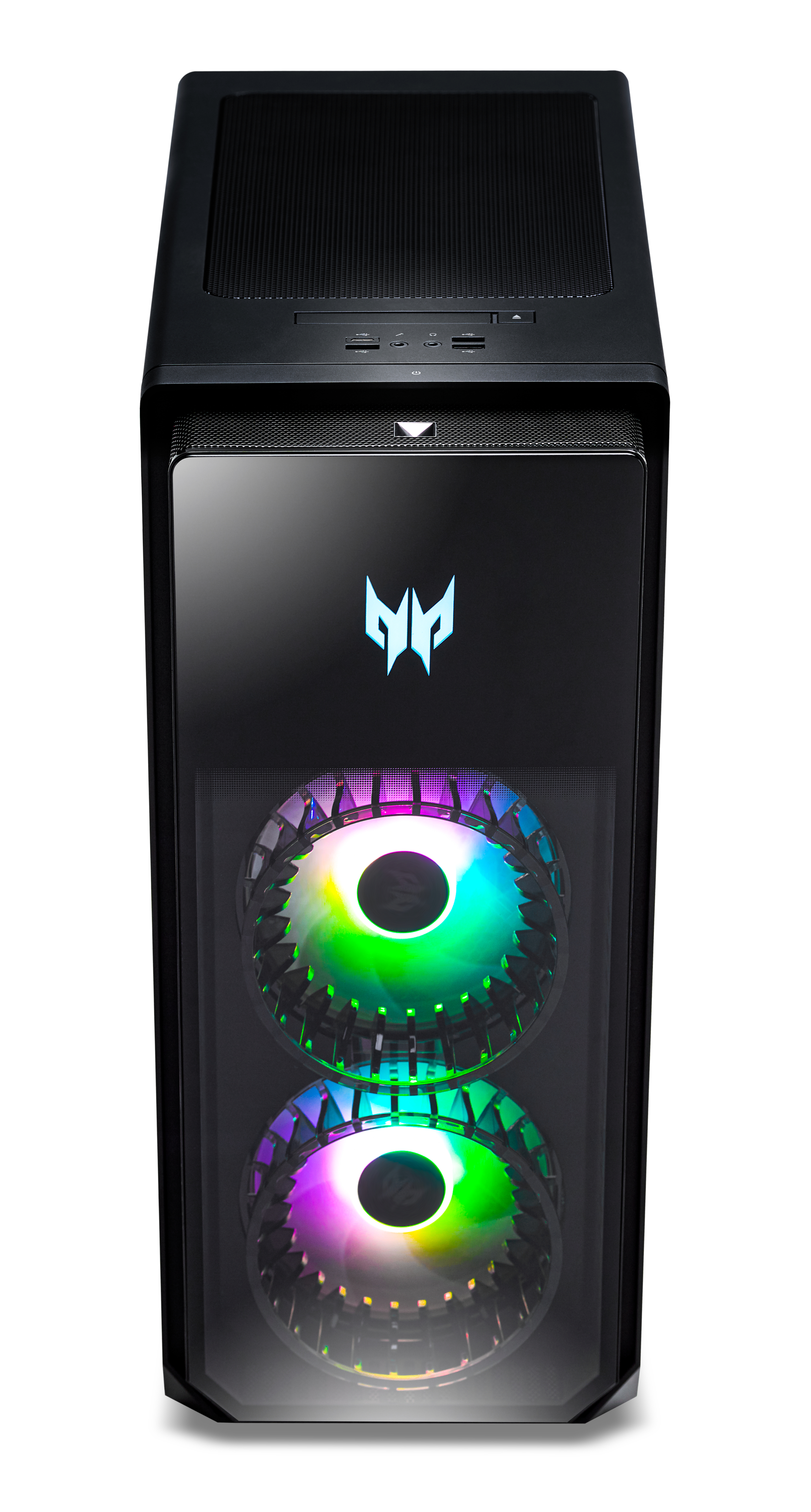 Czarna obudowa komputera z kolorowymi wentylatorami i logo z przodu.