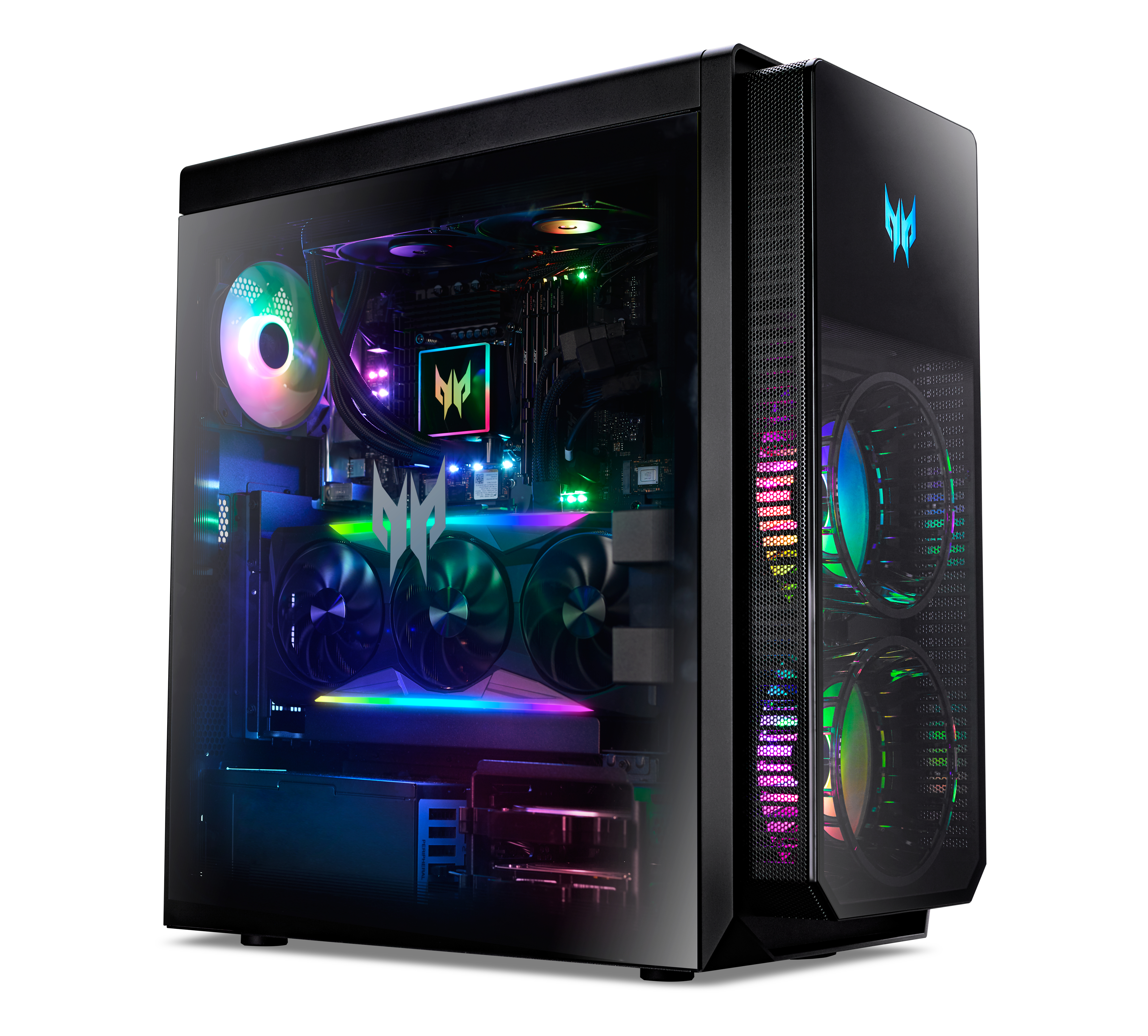Duża, czarna obudowa komputera ze szklanym panelem bocznym, pokazująca podzespoły i kolorowe światła.