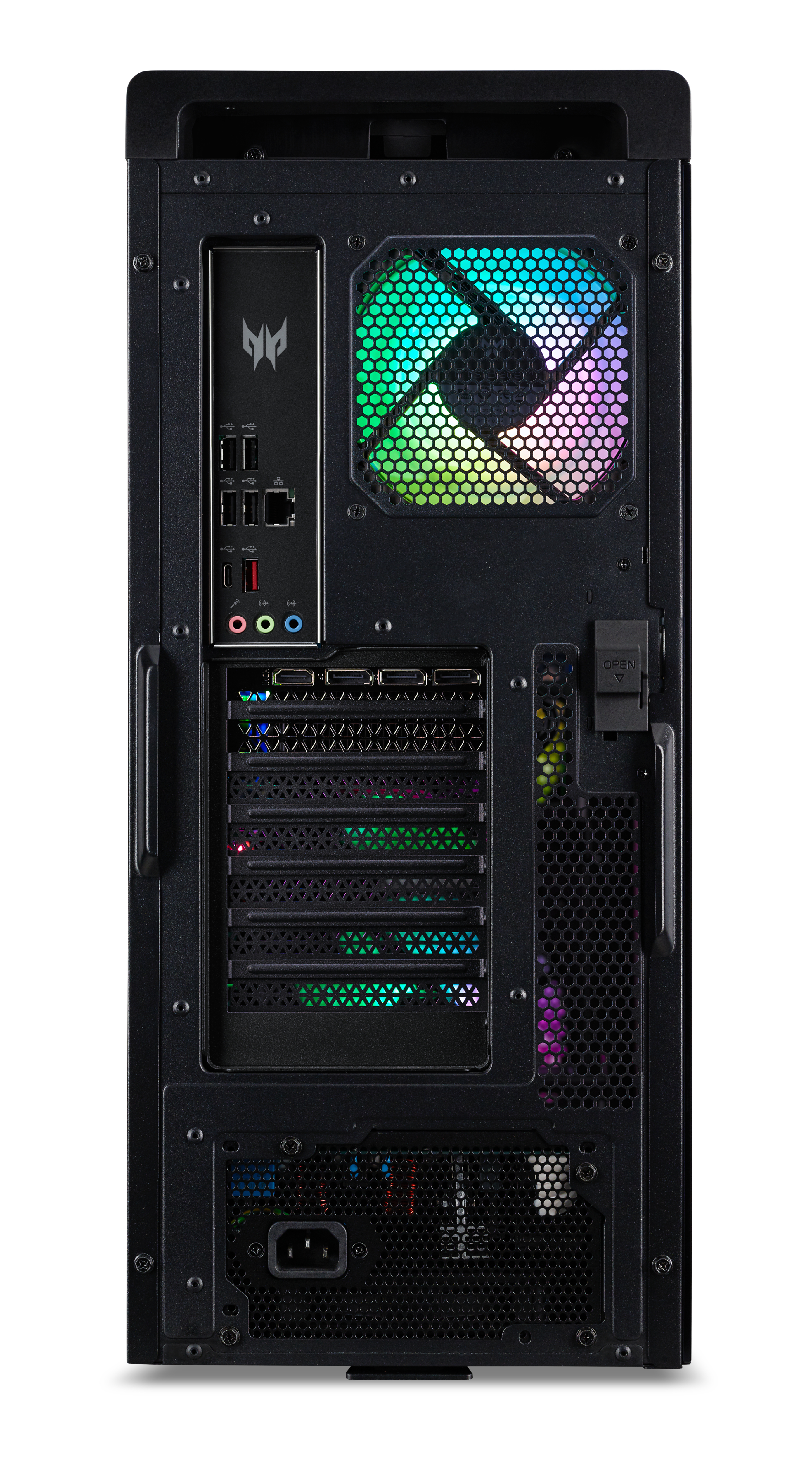 Schwarze Computergehäuse-Rückseite mit farbigem LED-Lüfter und Anschlüssen.
