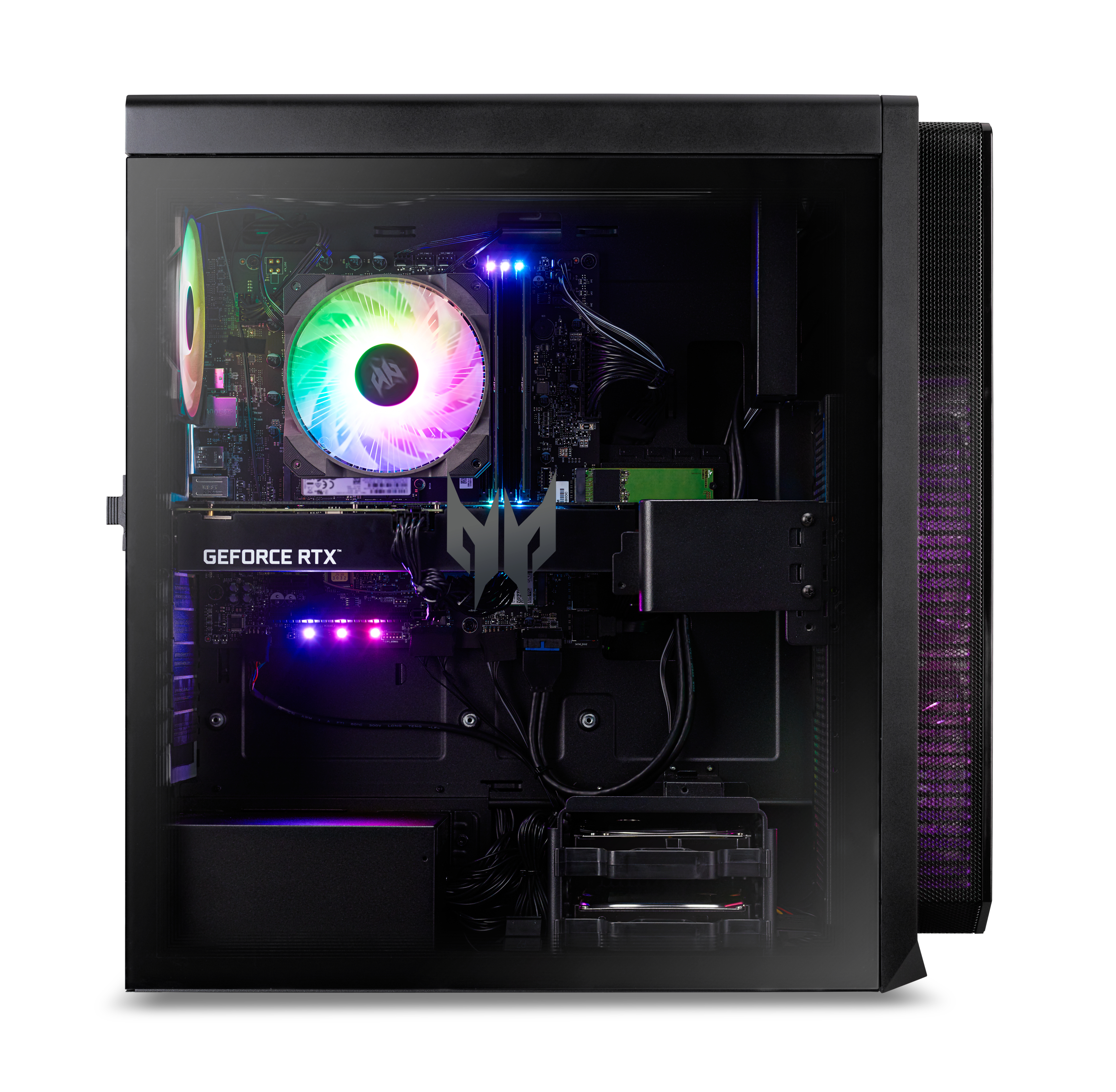 Innenraum eines schwarzen Gaming-PCs. Er hat verschiedene Komponenten und farbige Beleuchtung.