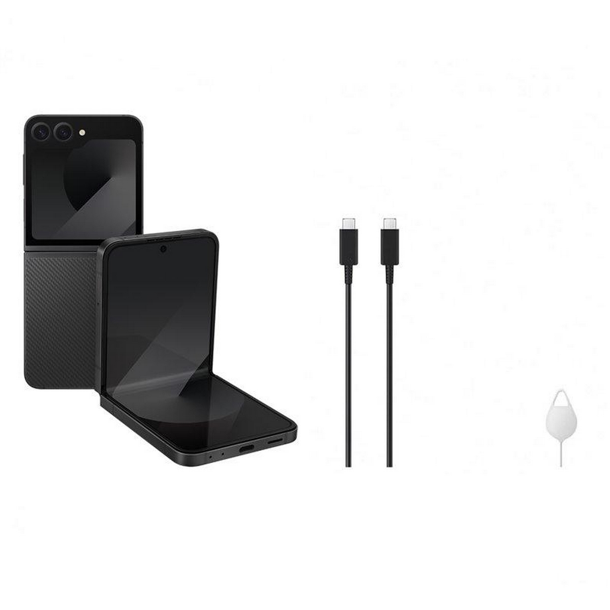 Czarny składany telefon, dwa kable USB i narzędzie do karty SIM na białym tle.