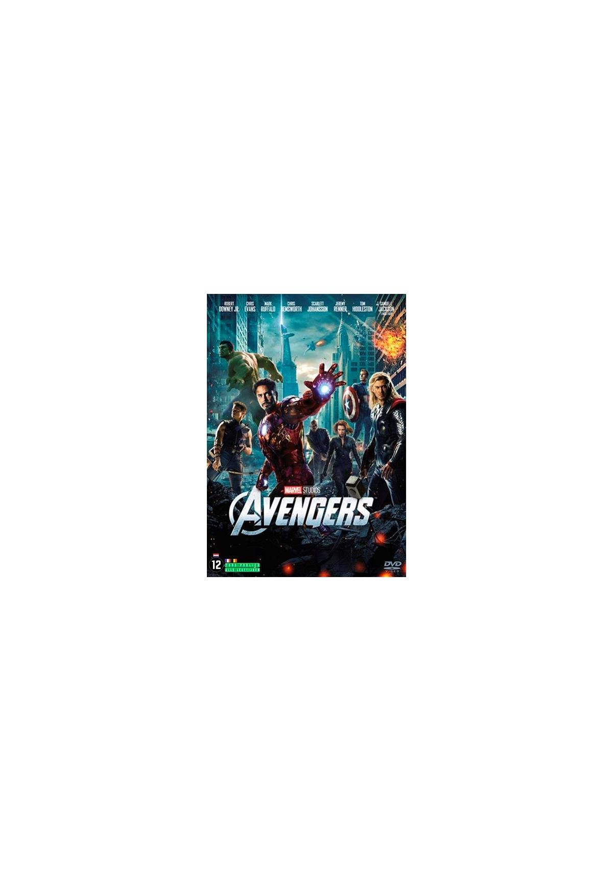 Avengers film DVD-hoes. De hoofdpersonages worden getoond, met een stadsachtergrond. De hoes is wit.