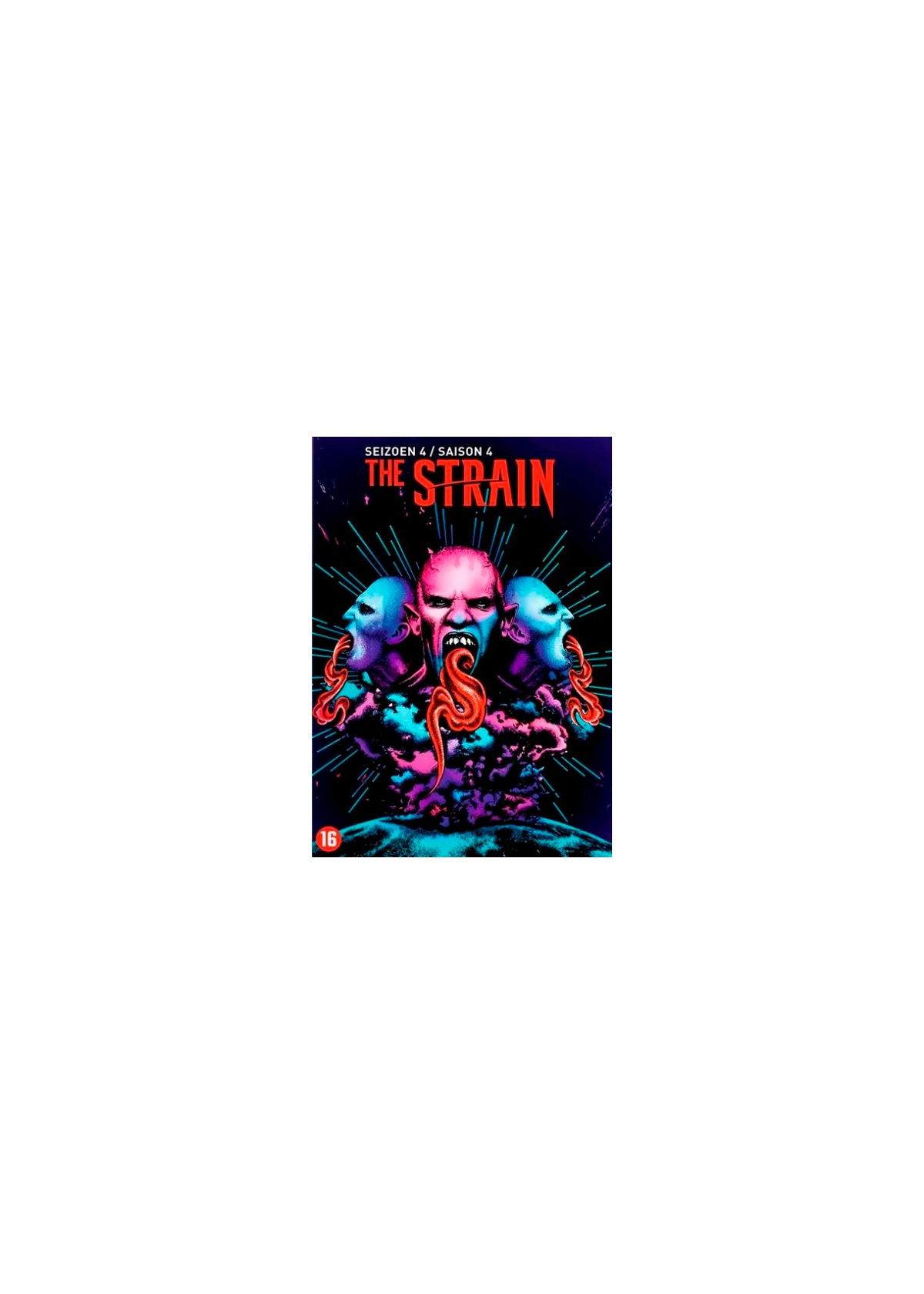 Couverture DVD de The Strain : Un monstre à trois têtes, langue rouge et fond noir.
