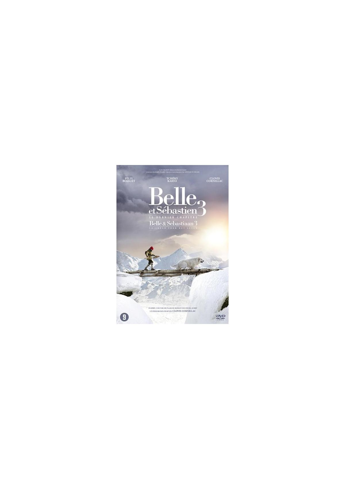 Een dvd-hoes voor de film Belle et Sébastien 3. Toont een man en een hond in een besneeuwde omgeving.