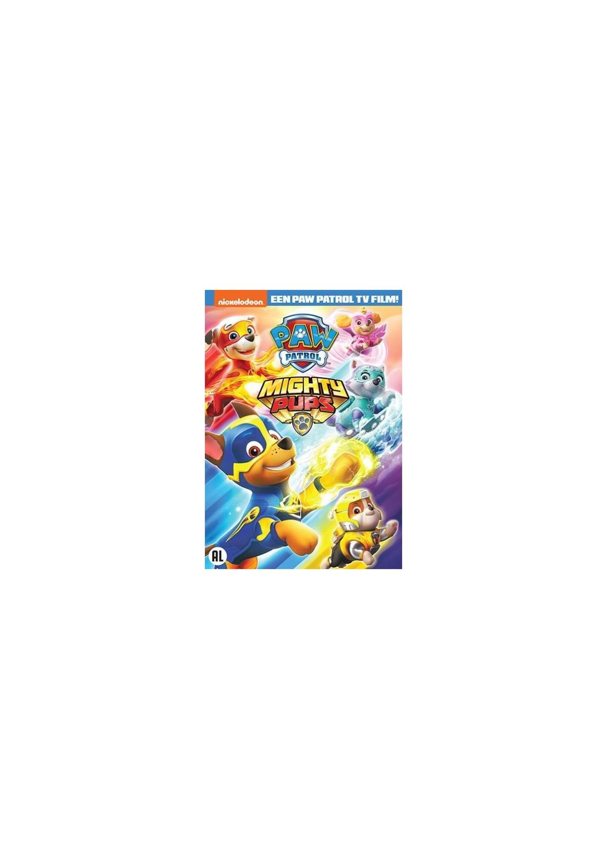 Pochette DVD PAW Patrol : Mighty Pups. Personnages de dessins animés, couleurs vives et scènes d'action.