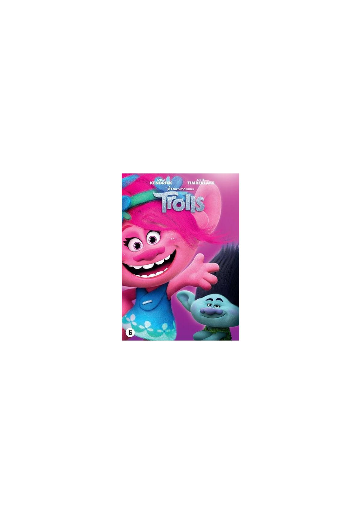 Affiche du film Trolls. Poppy sourit. Branch a l'air triste. Le titre et les étoiles sont affichés.