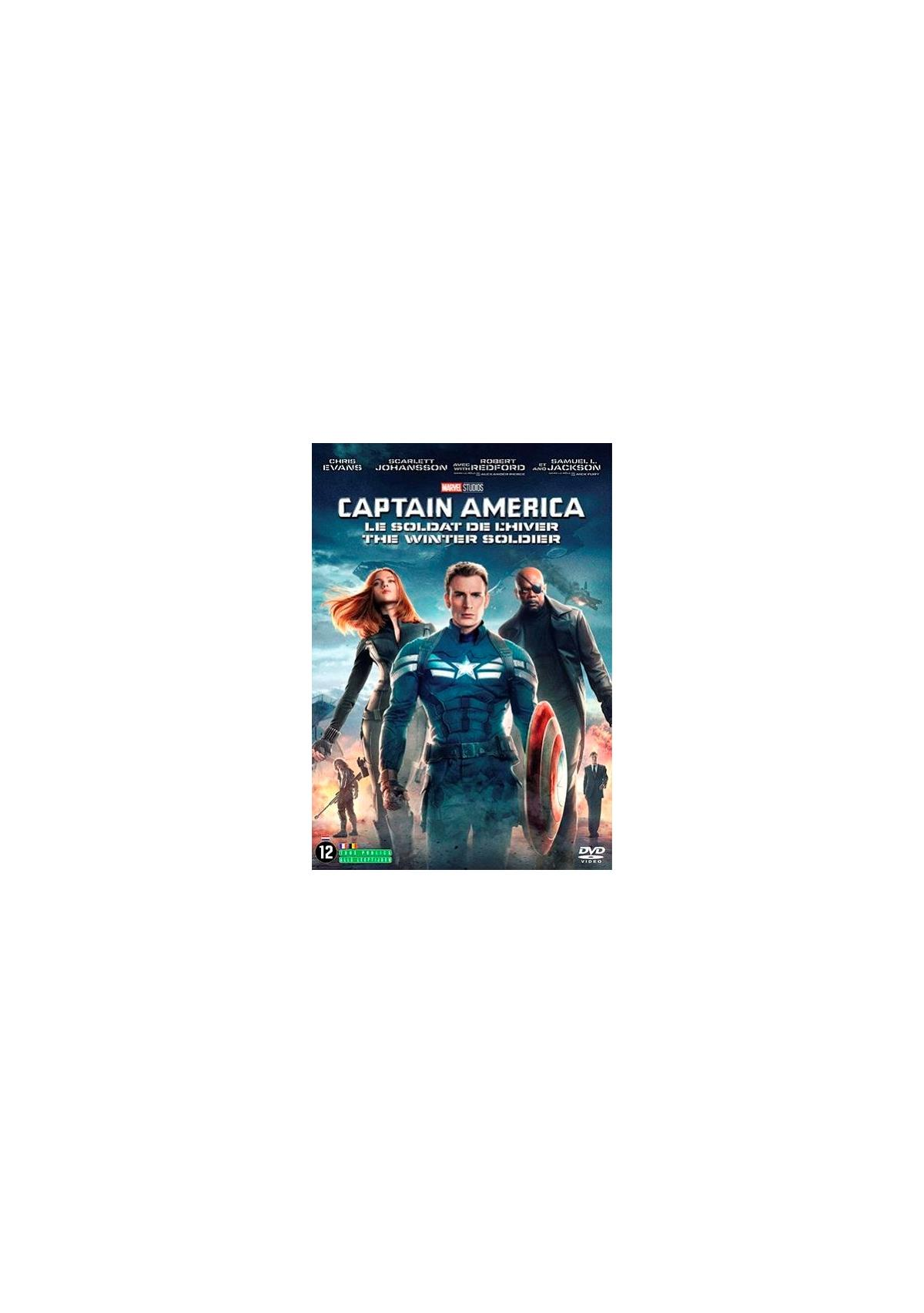 Filmposter voor 'Captain America: The Winter Soldier' met drie personages in actie.
