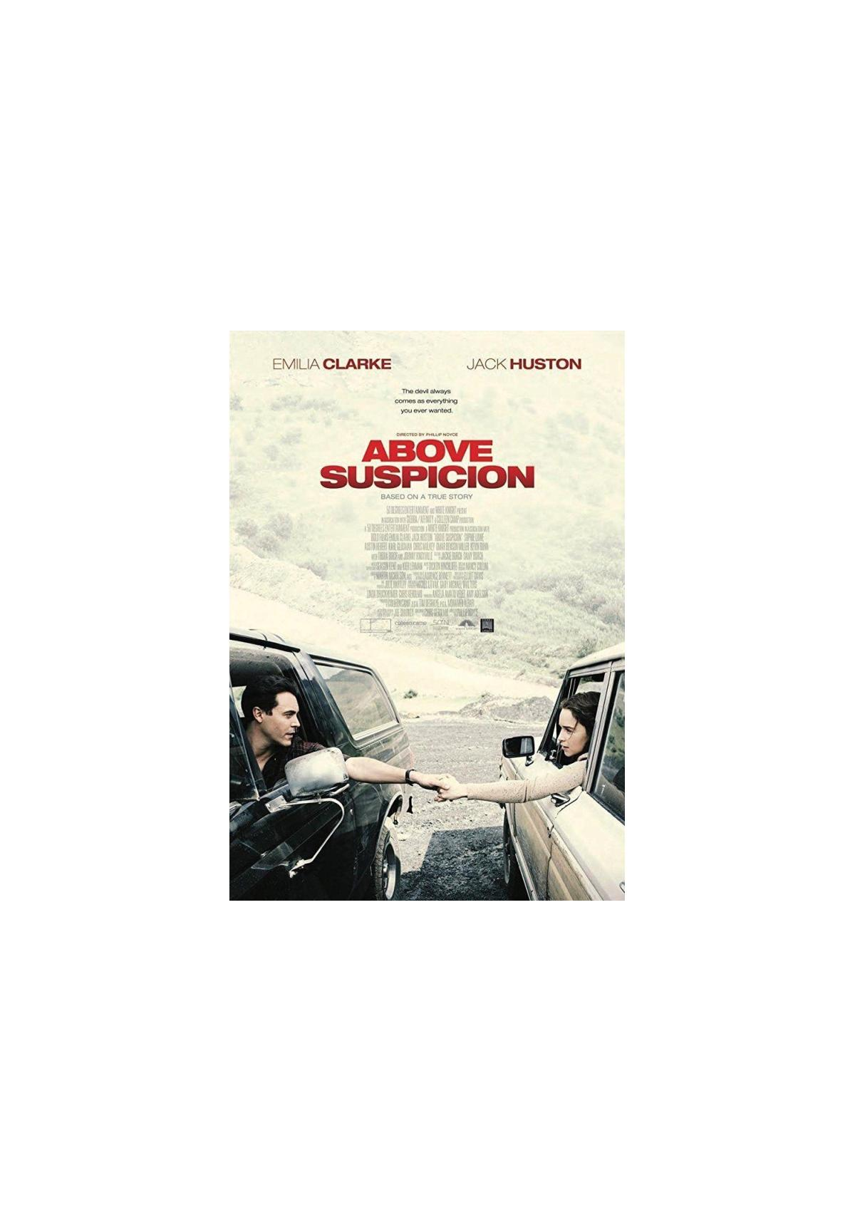 DVD-hoes voor Above Suspicion, met twee mensen in auto's en een bergachtergrond.
