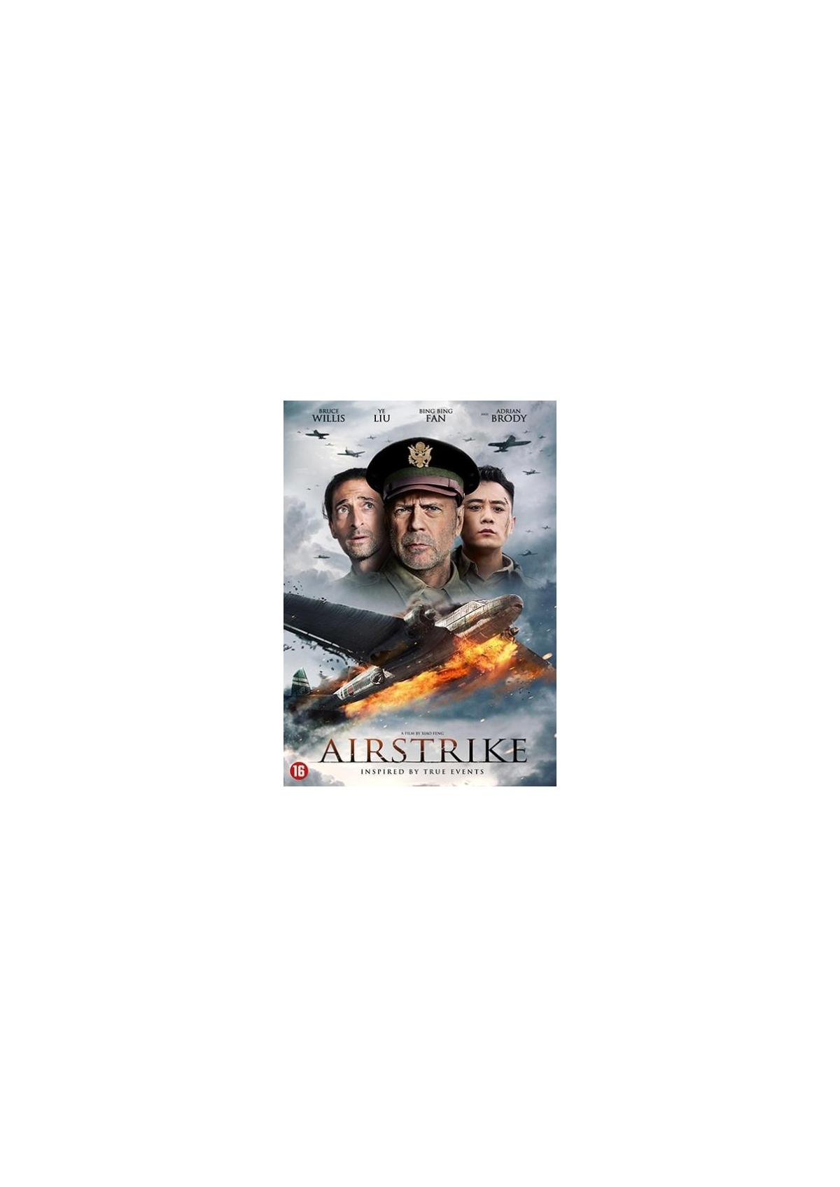 Airstrike filmposter. Drie mensen kijken omhoog, vliegtuig op de achtergrond. De titel staat onderaan.
