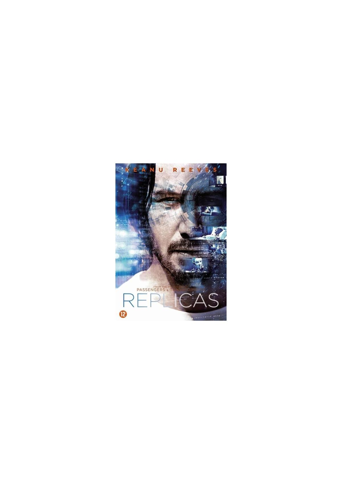 Filmposter, Replicas. Het gezicht van Keanu Reeves wordt getoond met een blauwe achtergrond.