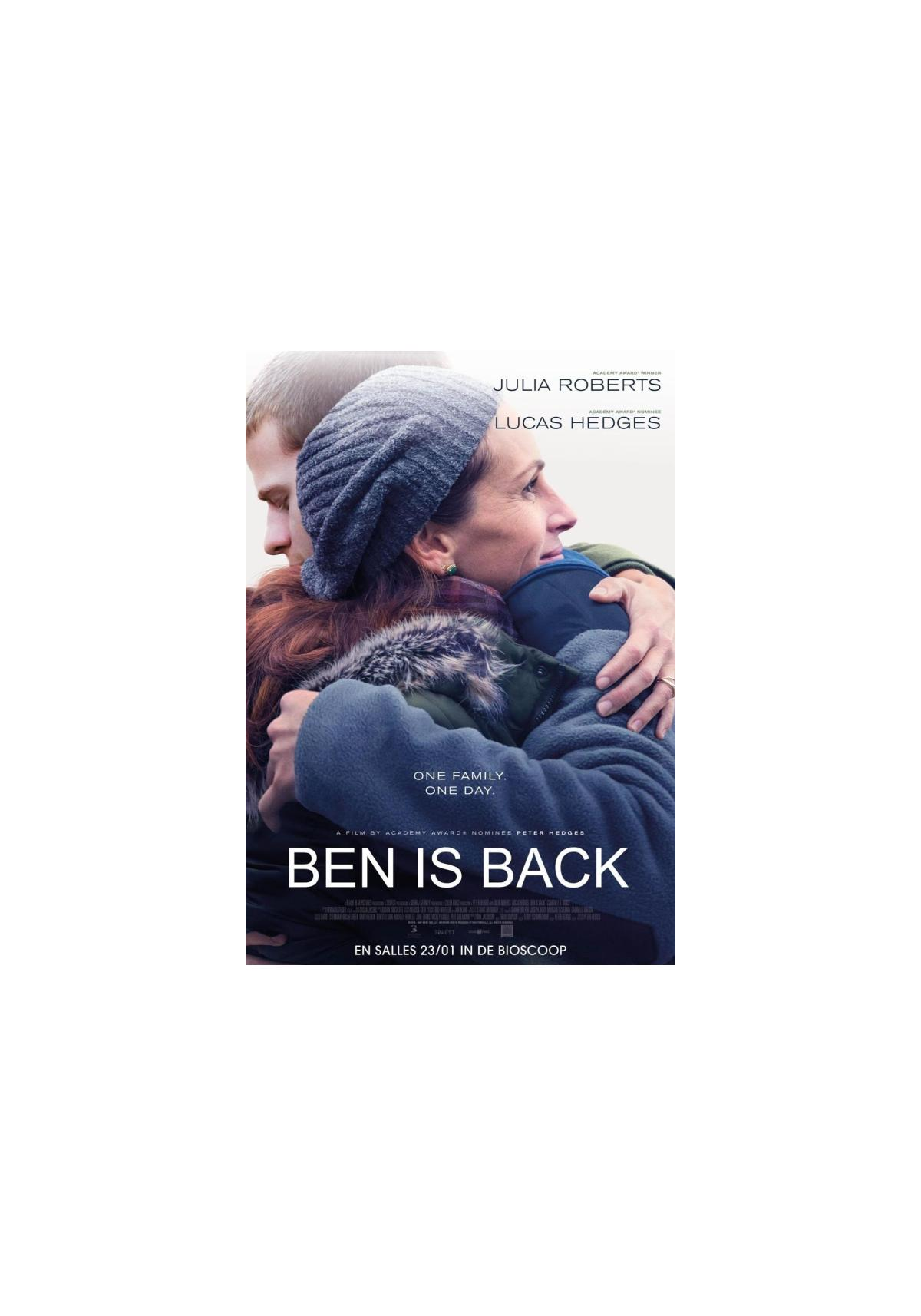 Couverture DVD de 'Ben is Back'. Une famille s'embrasse. Julia Roberts et Lucas Hedges y sont.