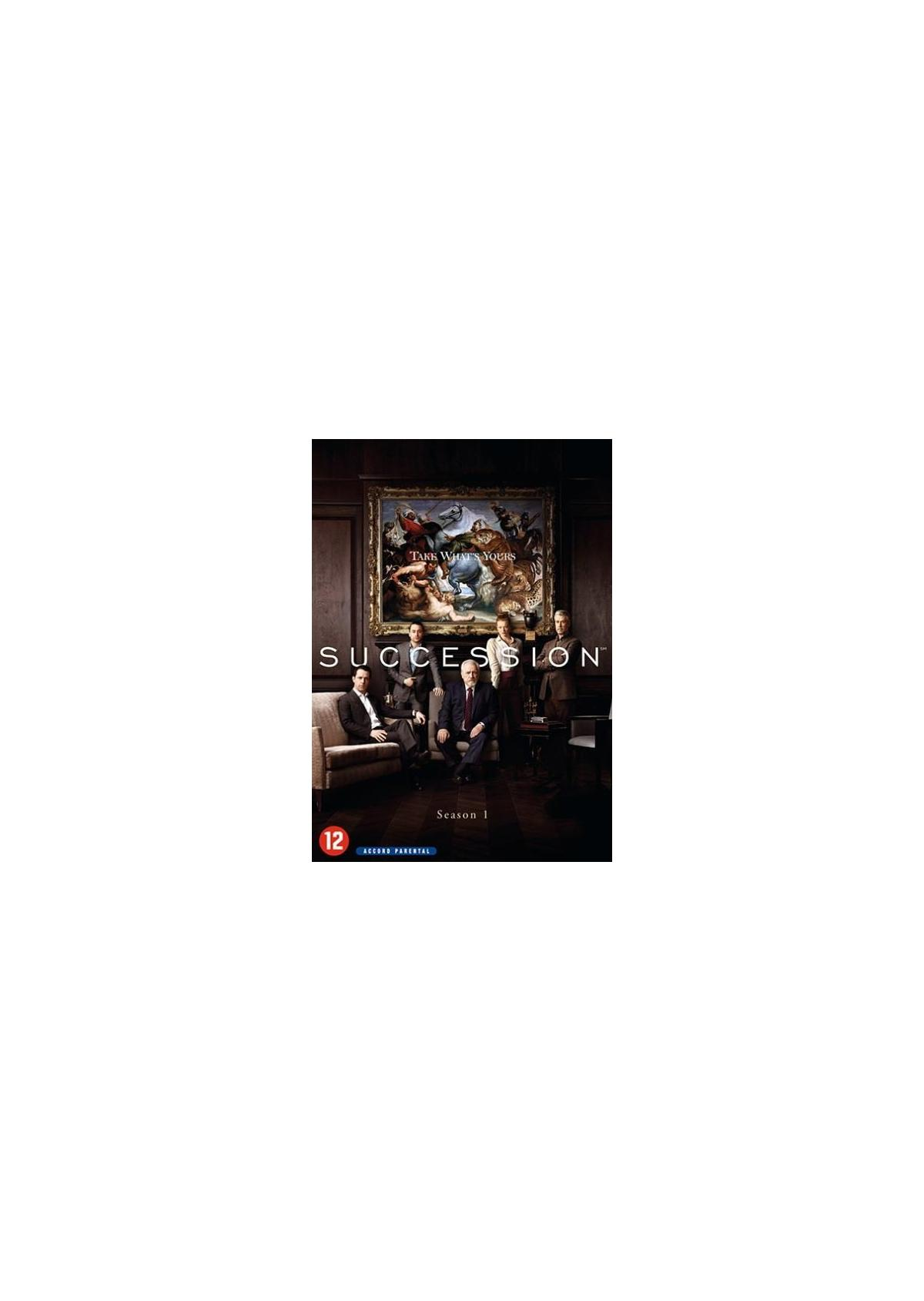 DVD-hoes: Groep mannen in pakken, titel 'Succession'. Een schilderij hangt boven hen.