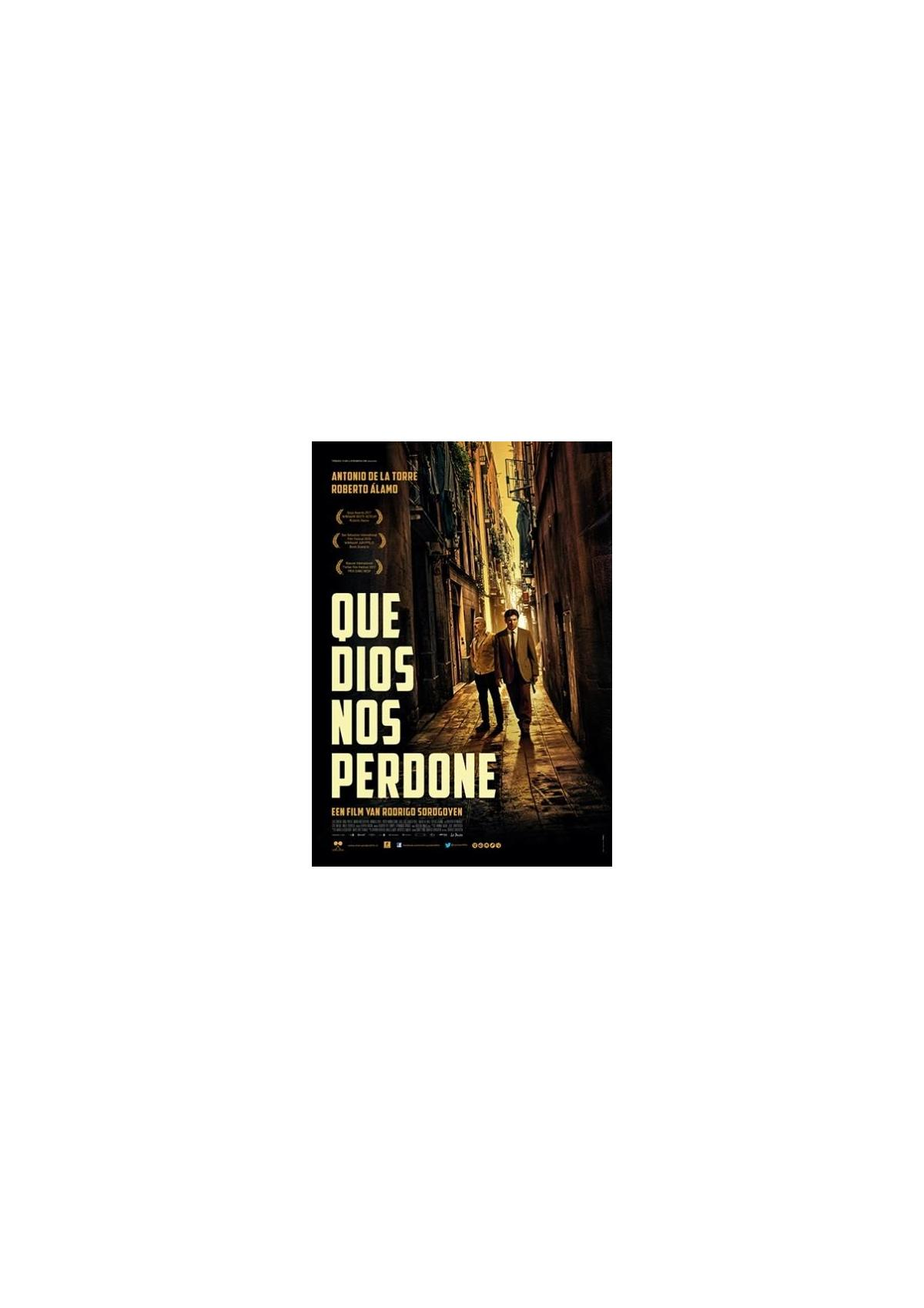 DVD-hoes voor de film Que Dios Nos Perdone. Toont twee mannen die in een smalle steeg staan.