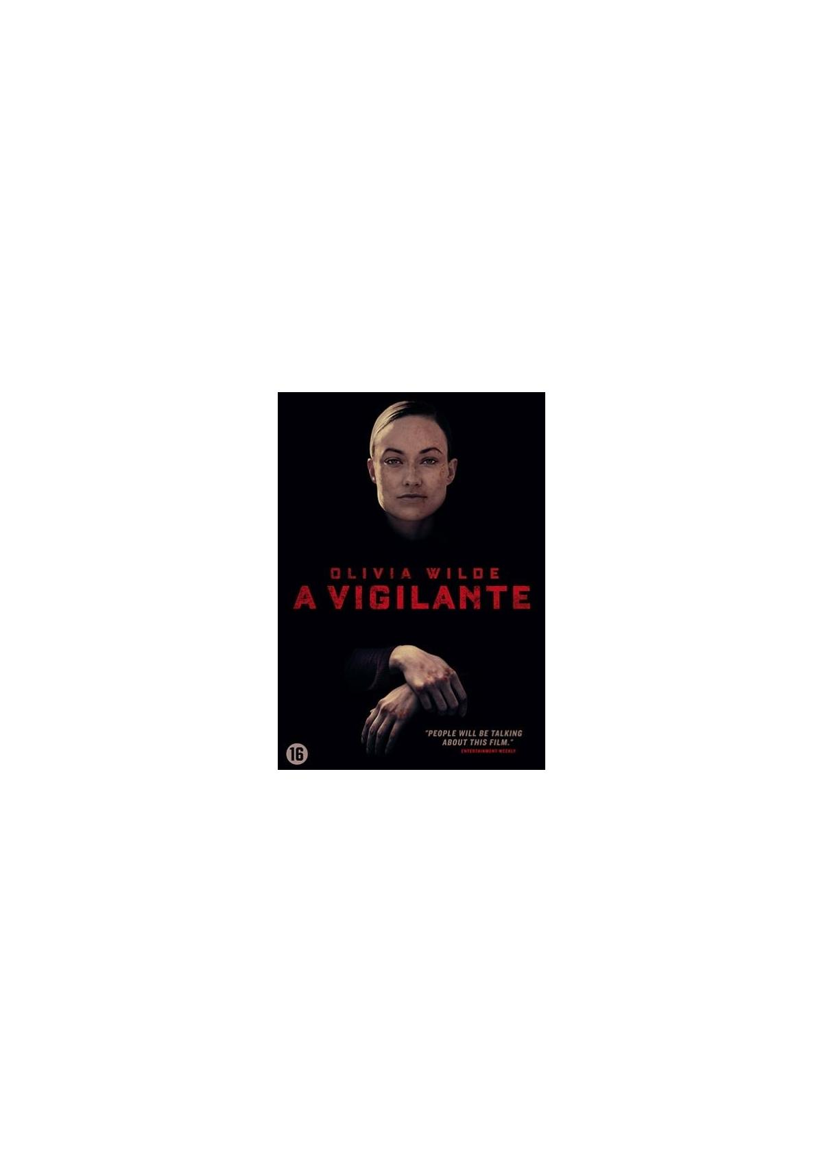 Affiche du film "A Vigilante" avec Olivia Wilde sur fond noir avec du texte en rouge.