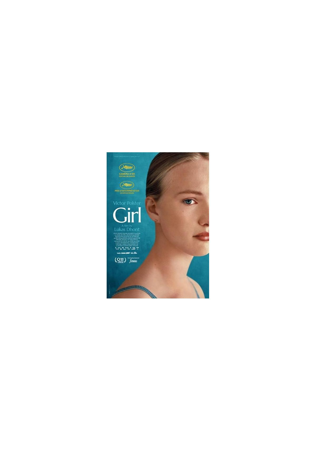 Filmposter voor 'Girl', met het gezicht van een vrouw, met tekst aan de zijkant.