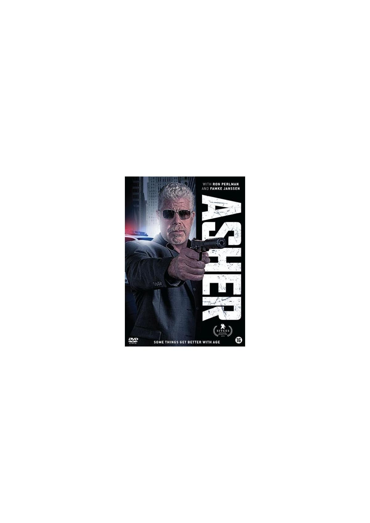 Affiche du film "Asher" avec Ron Perlman tenant une arme à feu, sur fond de ville.