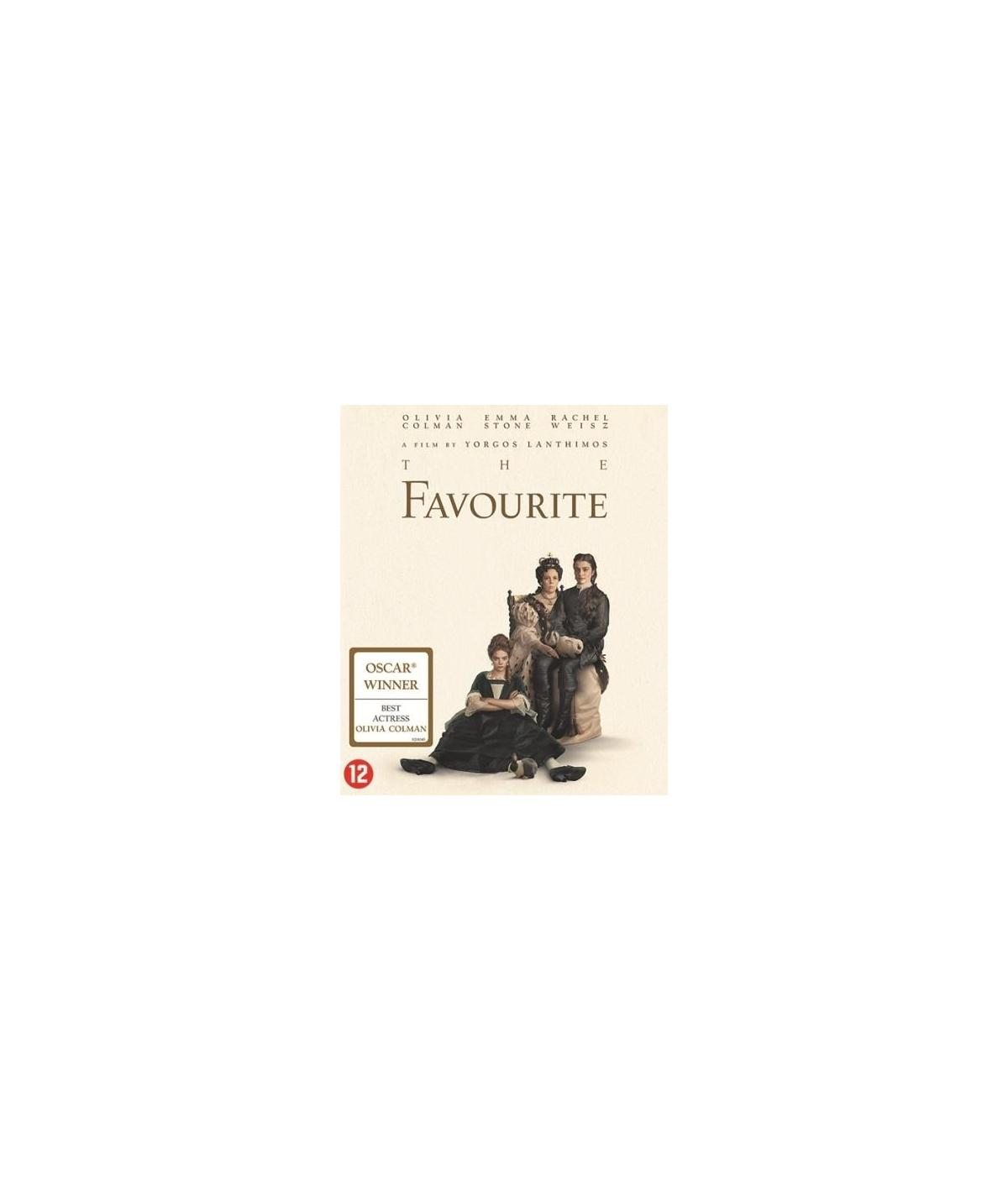 Affiche de The Favourite avec Olivia Colman. Trois femmes en costumes d'époque. Badge du gagnant de l'Oscar.