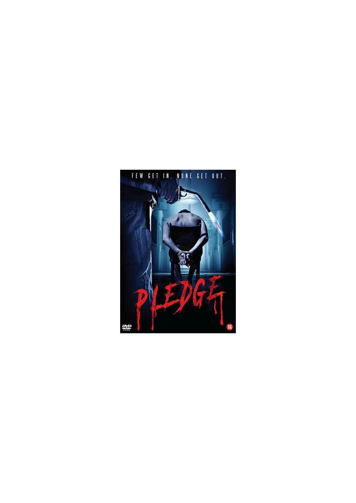 Couverture DVD pour 'Pledge'. Une personne est attachée, un couteau pointé vers son dos. Texte du titre rouge.