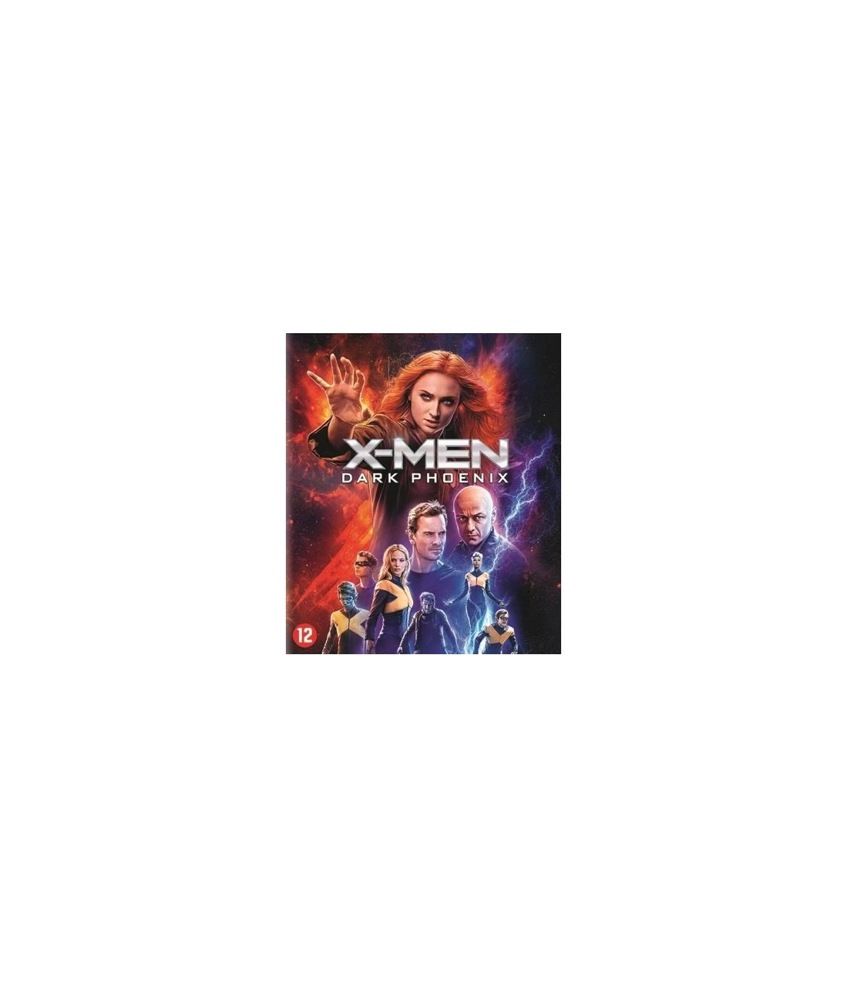 Pochette DVD X-Men: Dark Phoenix, personnages en action, fond sombre avec éclairs.