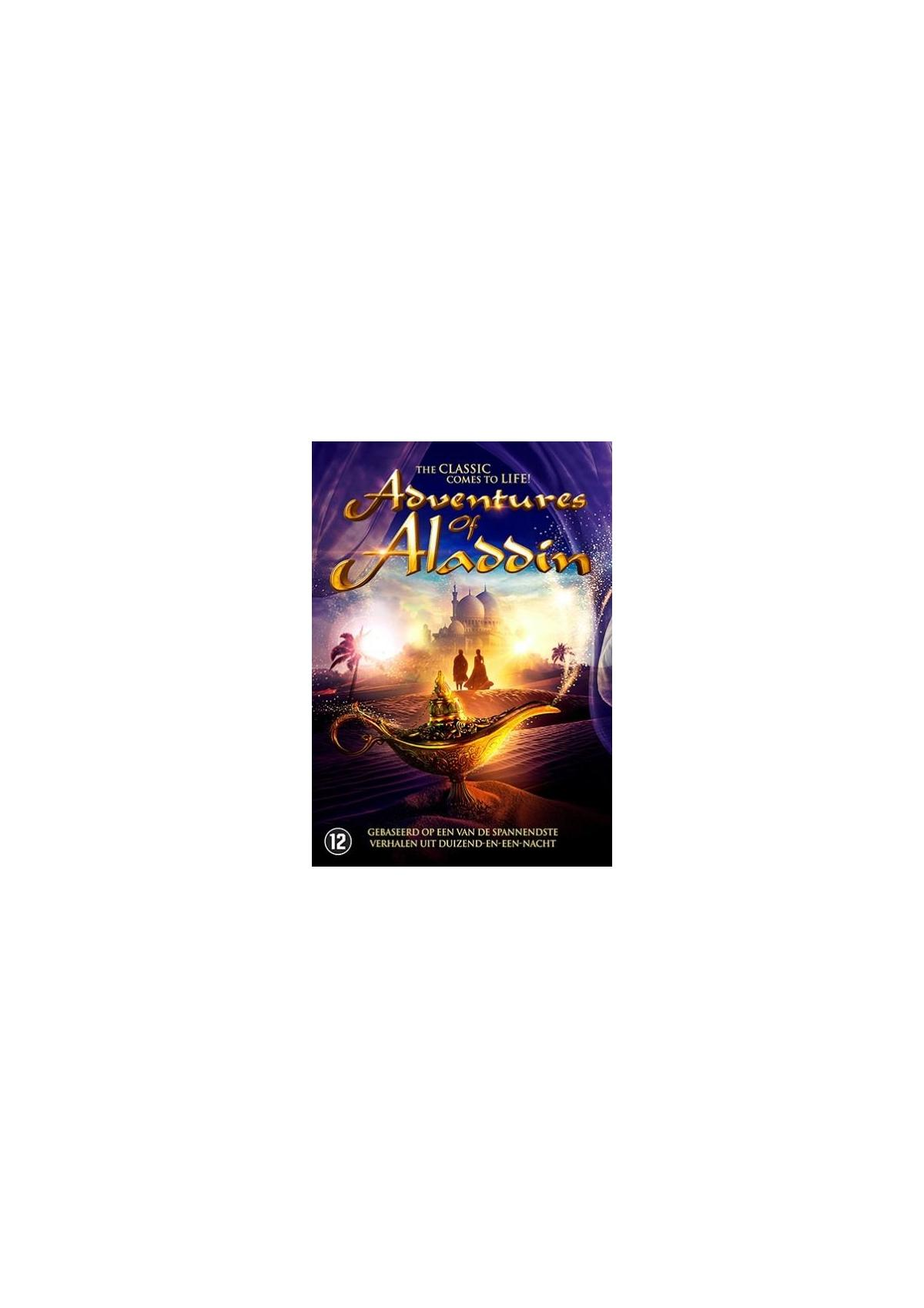 Couverture du film Adventures of Aladdin. Montre une lampe magique et un château.