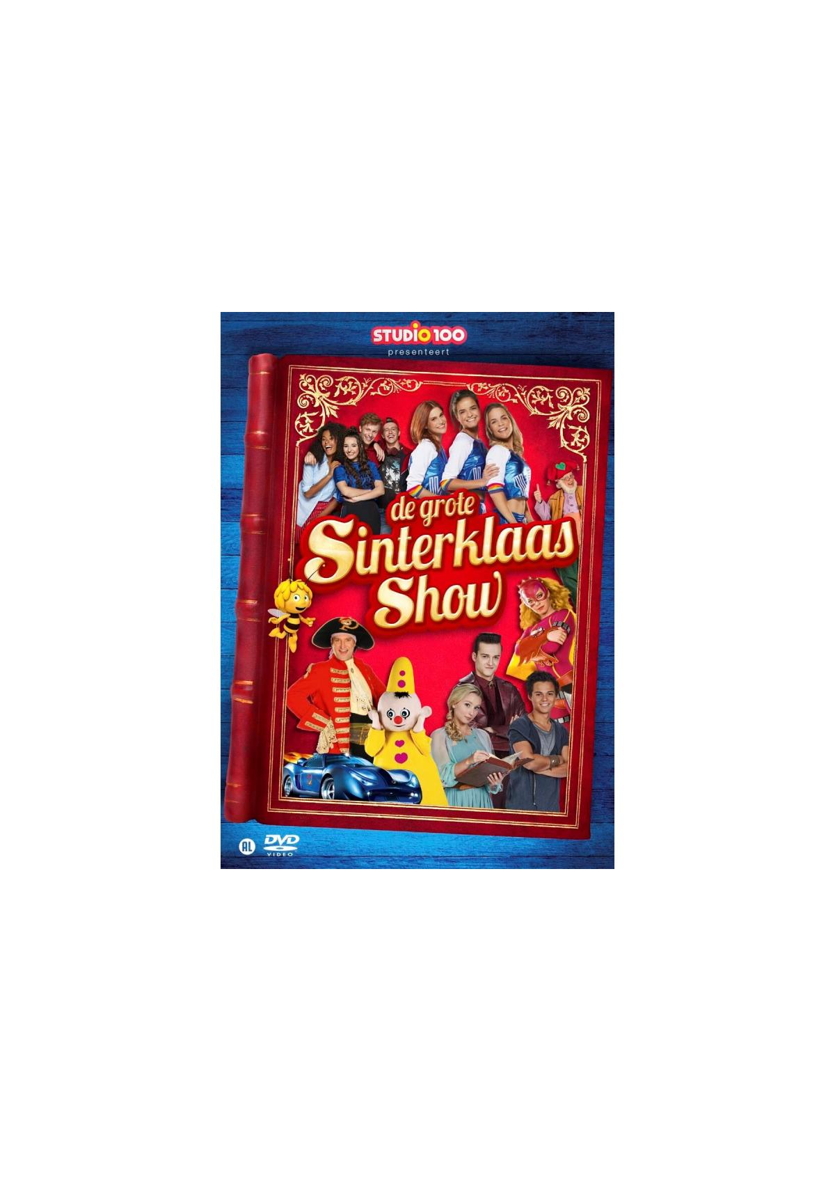 DVD-hoes voor "De Grote Sinterklaas Show" met verschillende personages en een boekontwerp.