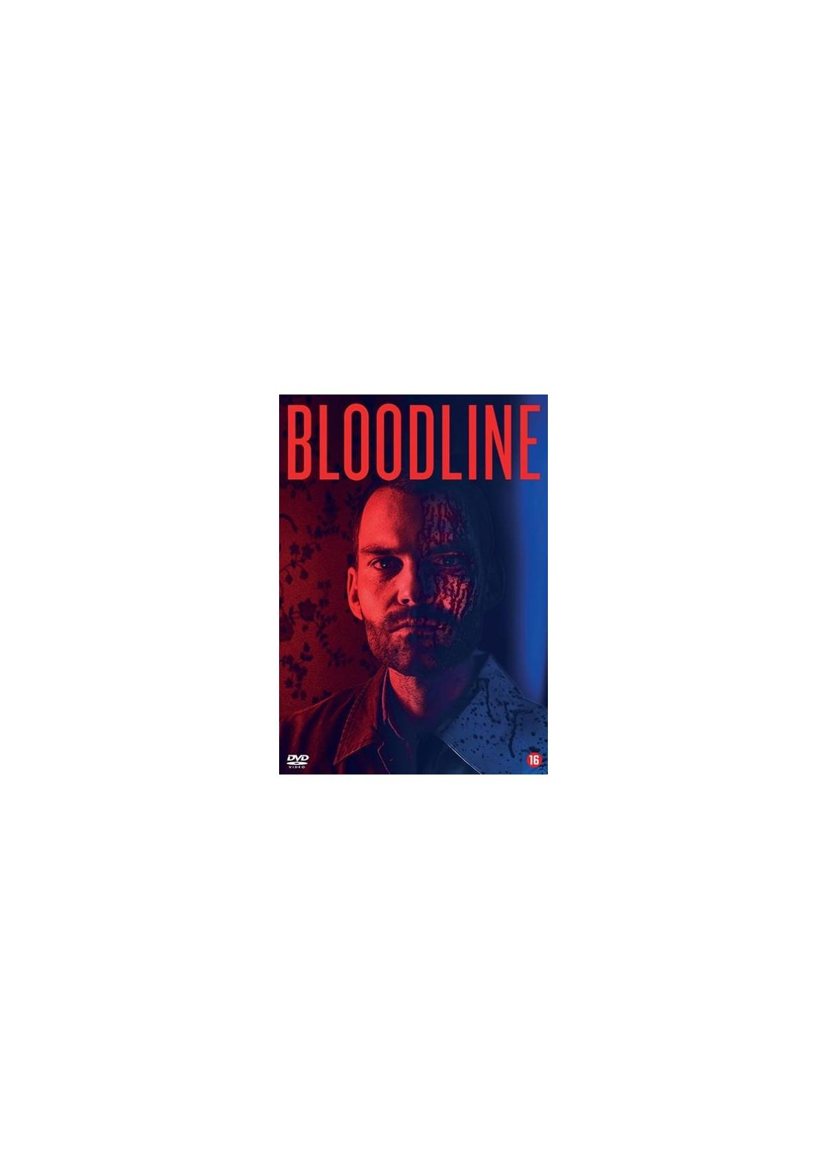 DVD-hoes voor 'Bloodline'. Een man met een gezichtswond staat centraal. Rode titeltekst.