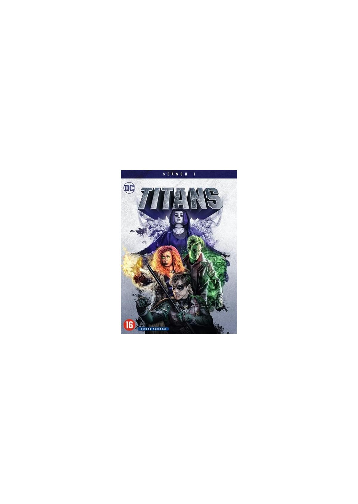 Titans poster. Een groep helden, tekst en een logo worden getoond op een paarse achtergrond.