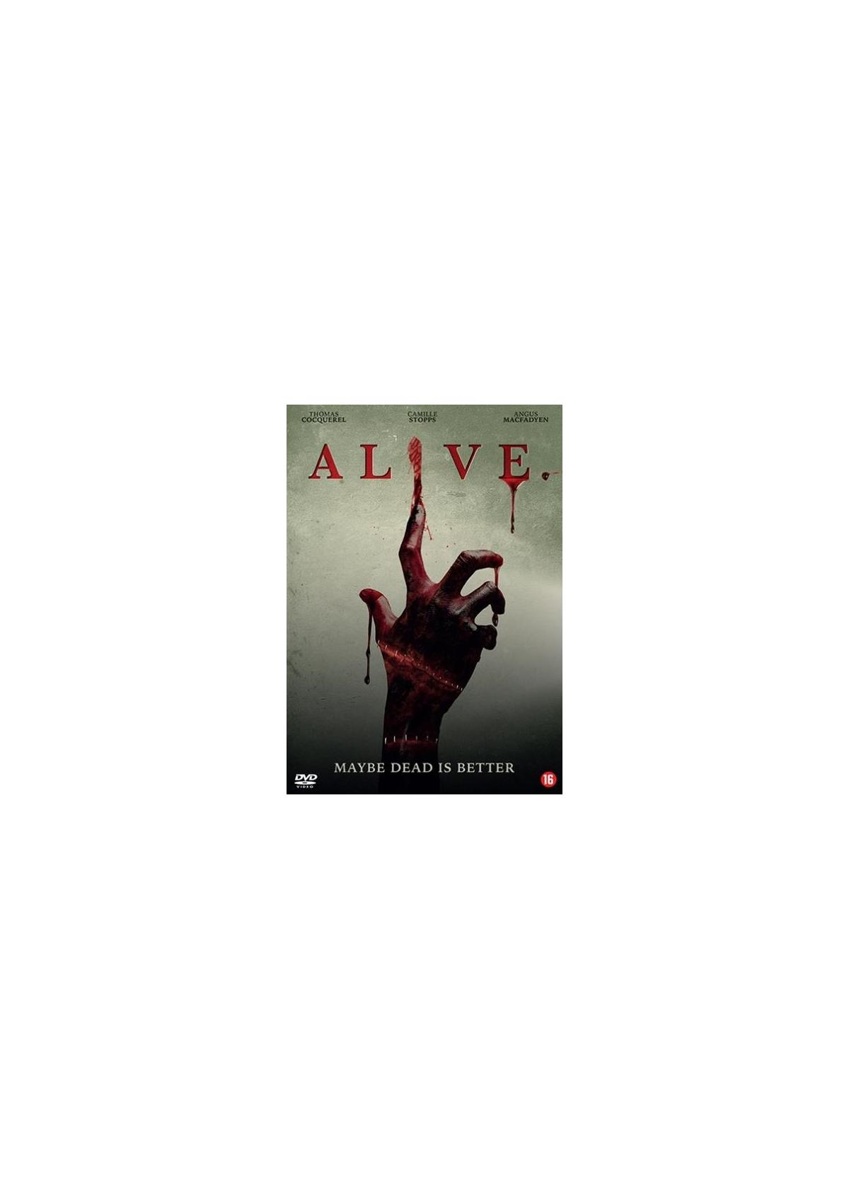 Affiche du film Alive, avec une main avec du sang qui coule, impliquant un thème d'horreur.