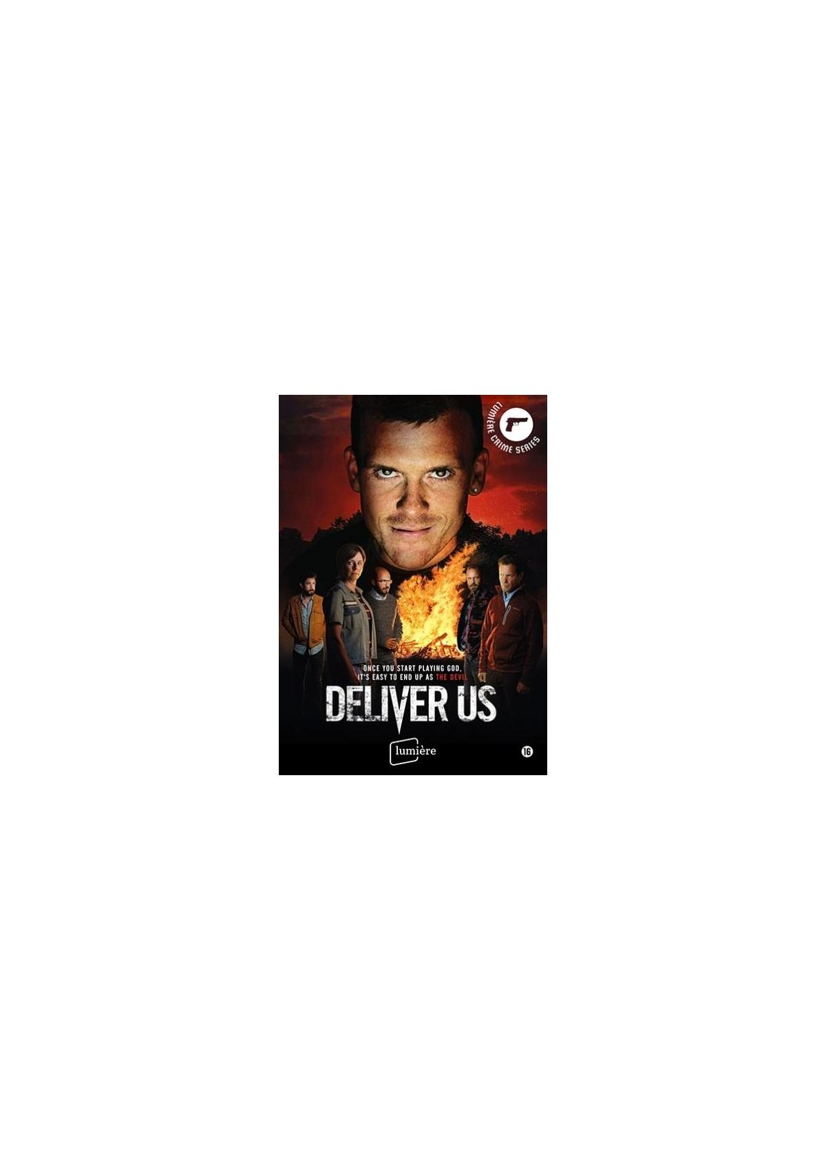 Deliver Us filmaffiche. Een man met vuur achter zich en andere mensen.