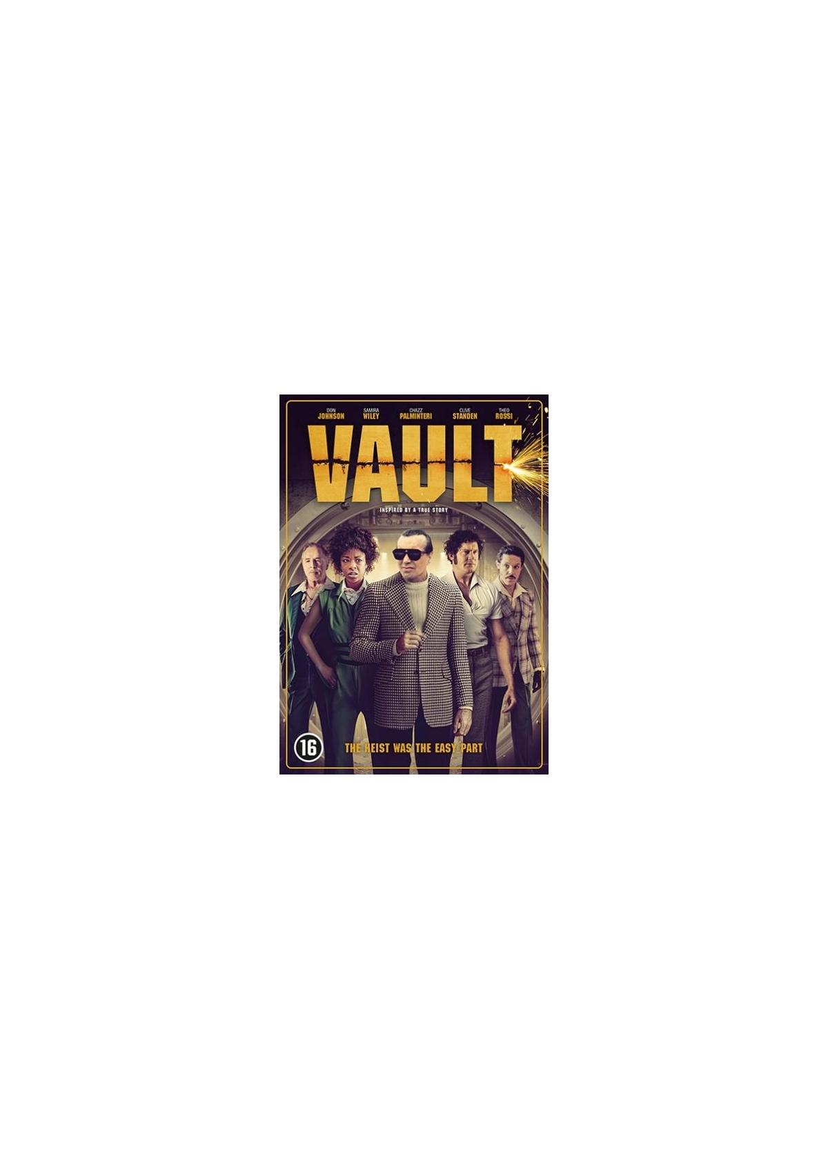 DVD-hoes: Groep mensen, titel 'VAULT'. Donkere achtergrond. De overval was het makkelijke deel.
