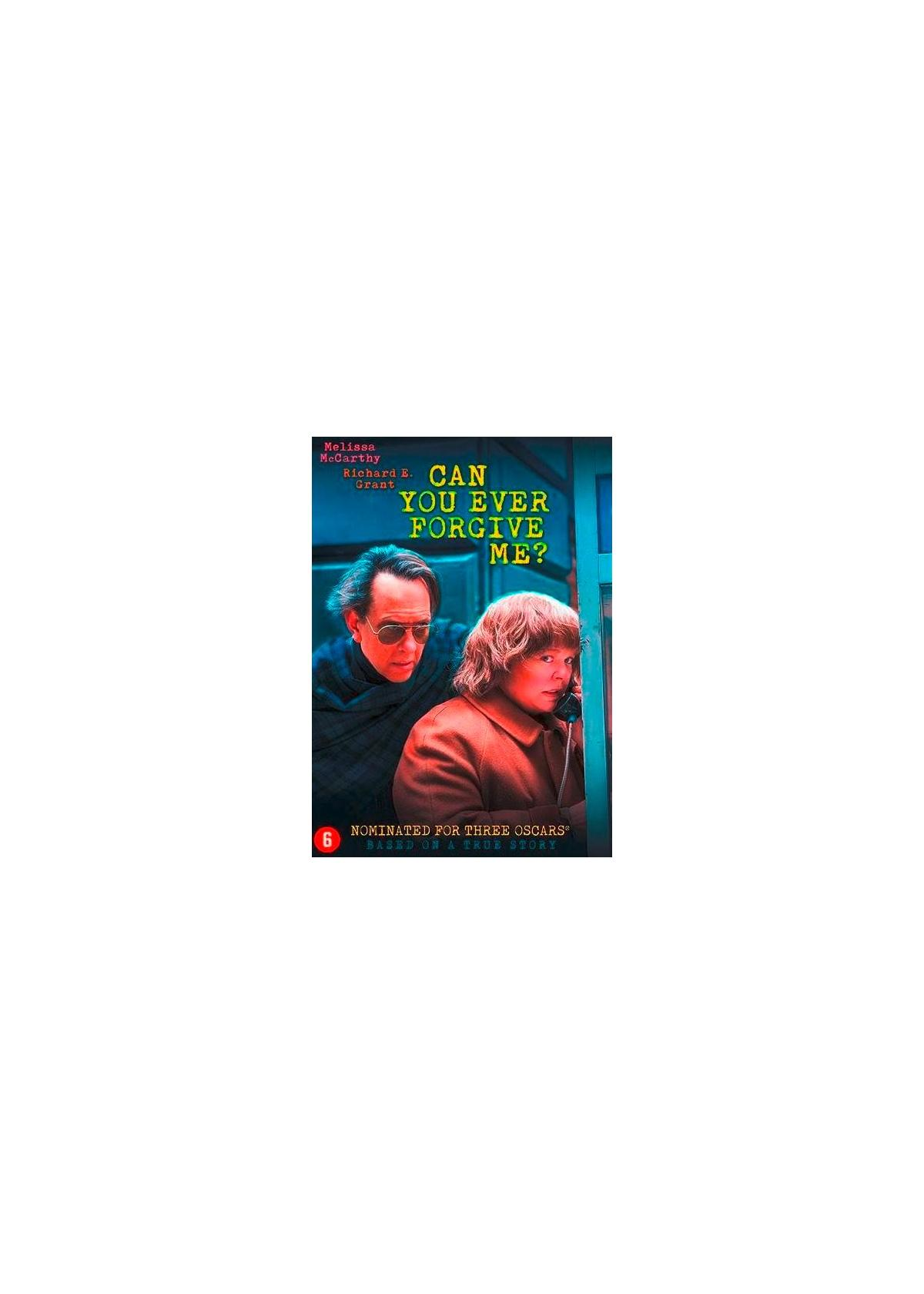 Kun je me ooit vergeven? Dvd-hoes. Twee mensen kijken naar een scherm. Titeltekst staat bovenaan.