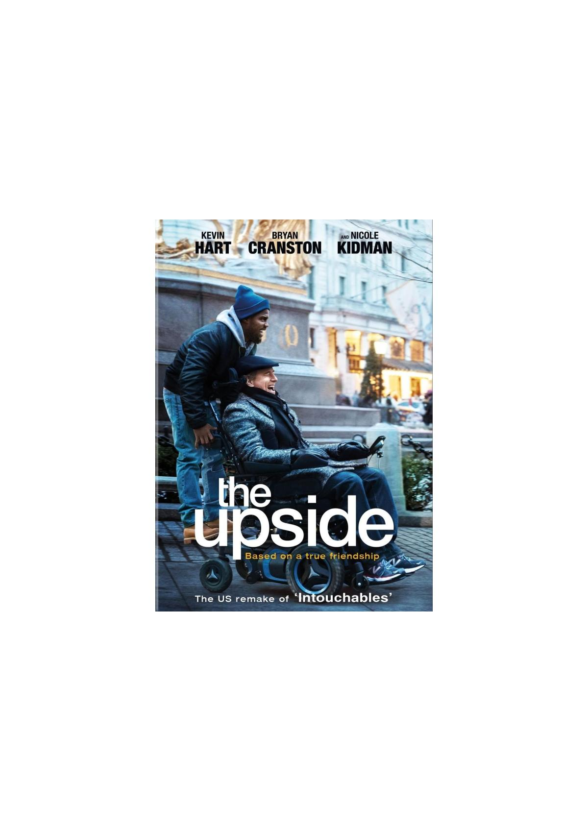 Filmposter. Twee mannen duwen een man in een rolstoel. Titel: The Upside. Stad op de achtergrond.