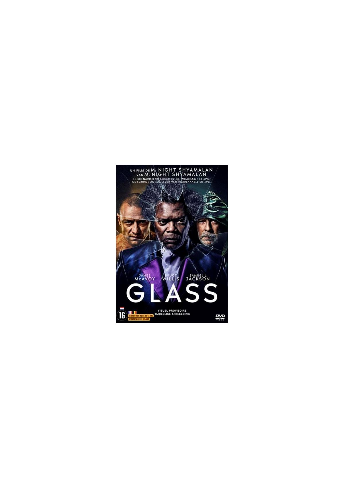 Affiche de film : Trois personnes. Titre : Glass. Samuel L. Jackson, Bruce Willis et James McAvoy. Fond sombre.