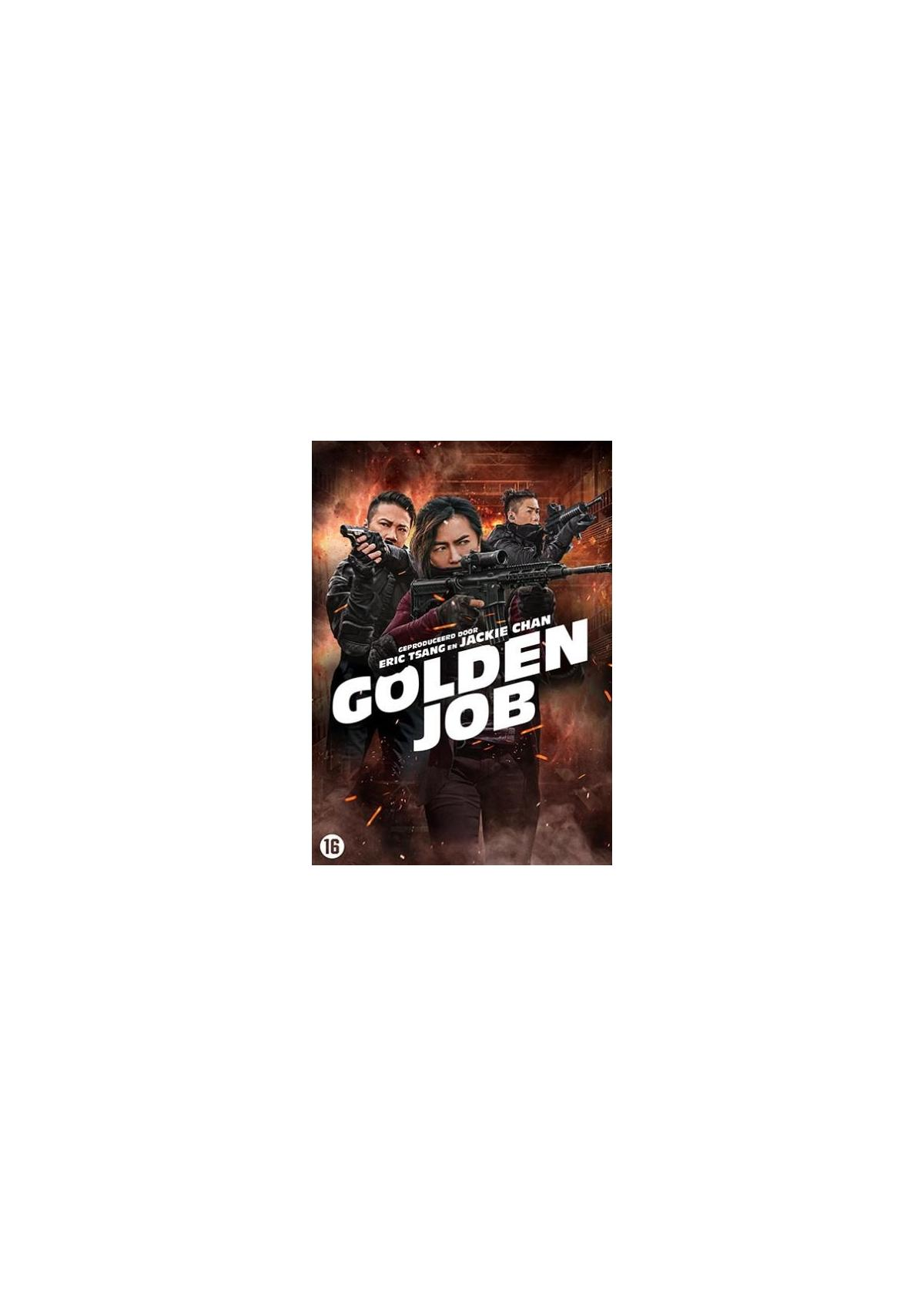 Affiche de film. Trois personnes visent avec des armes. Titre : Golden Job. Couleurs sombres et scène d'action.