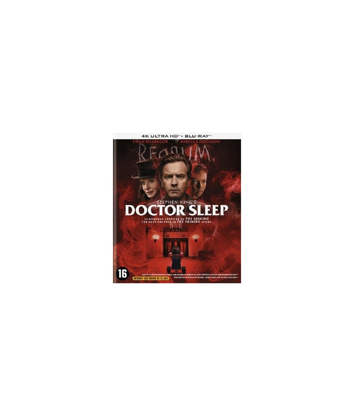 Affiche du film : 'Doctor Sleep' avec le visage d'Ewan McGregor et un fond rouge.
