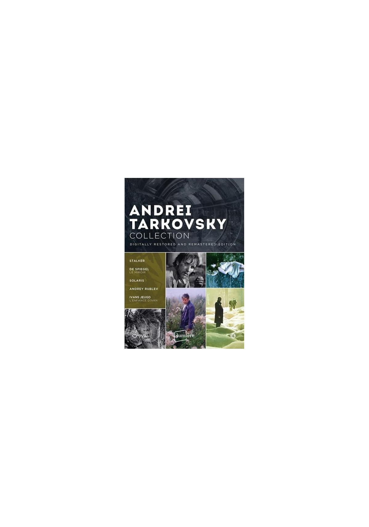 Filmposter. Verschillende afbeeldingen staan op de poster. De titel is Andrei Tarkovsky Collection.