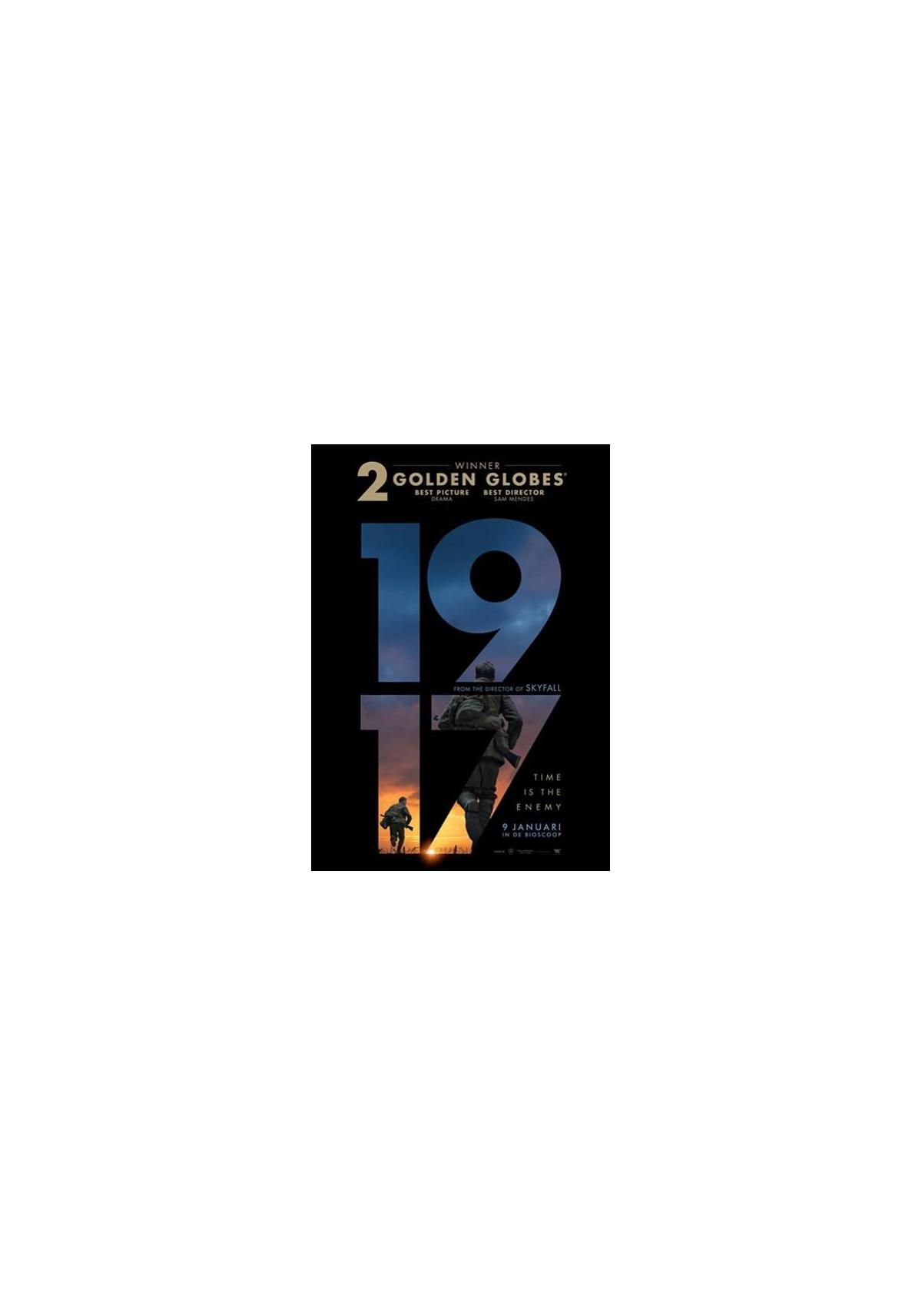 Poster voor de film '1917' met soldaten en tekst tegen een donkere achtergrond.