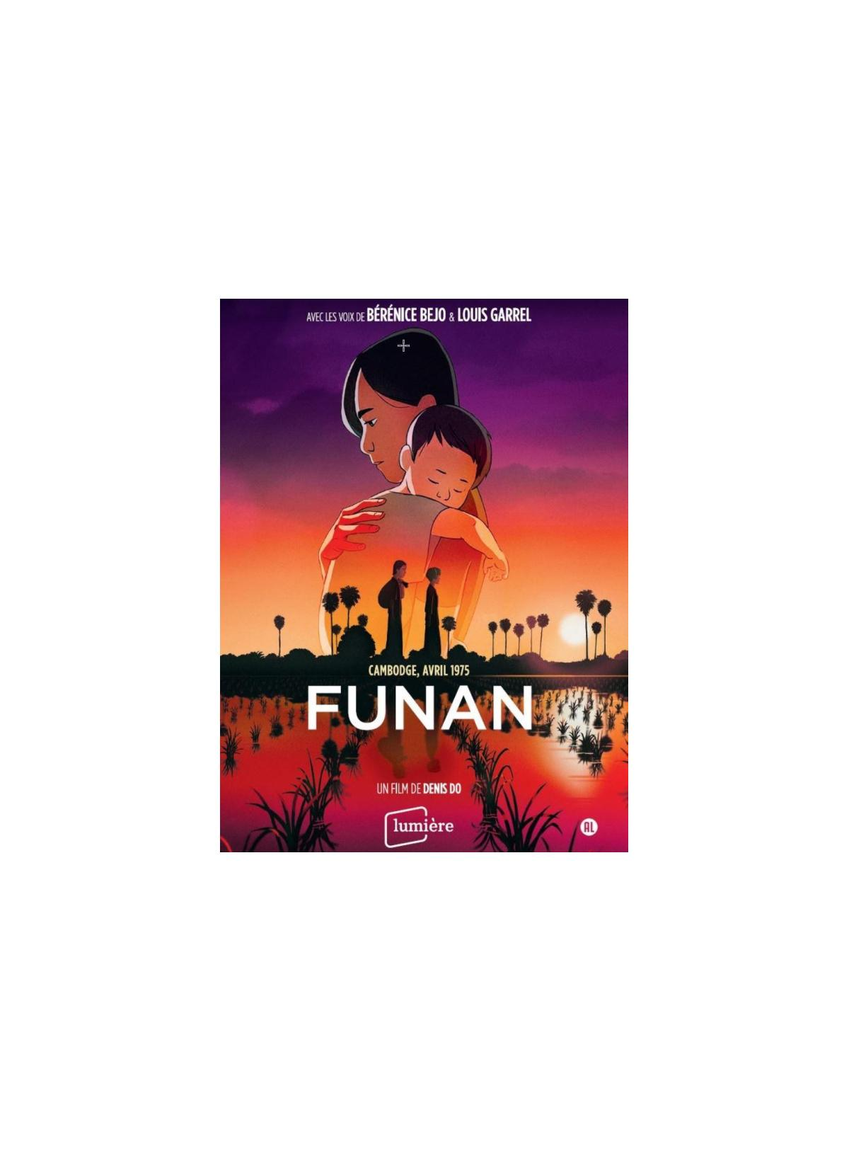 Affiche du film : Silhouette d'une mère et d'un enfant. Titre : Funan. Cadre : Rizières cambodgiennes et coucher de soleil.