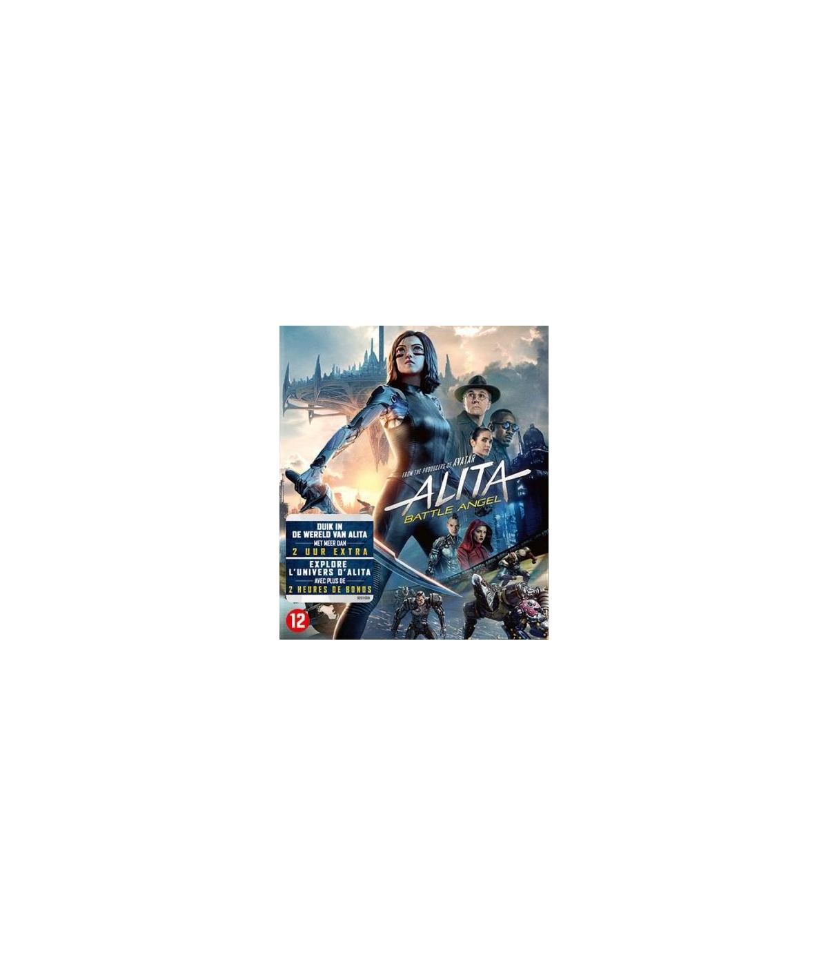 Couverture du DVD Alita: Battle Angel. Une femme avec une épée debout, entourée d'autres personnages.