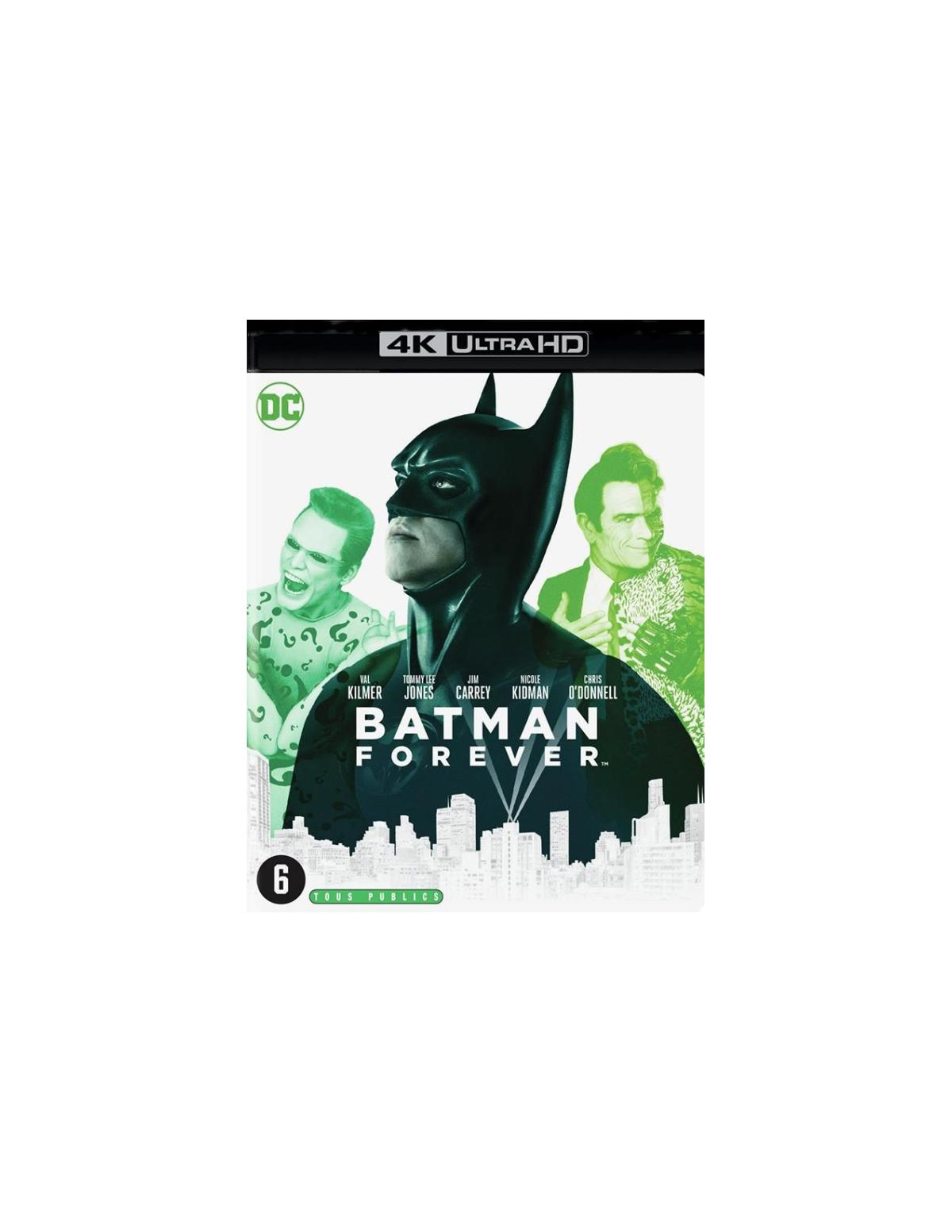 Couverture DVD de Batman Forever avec Batman, l'Homme-Mystère et Double-Face, contre skyline.