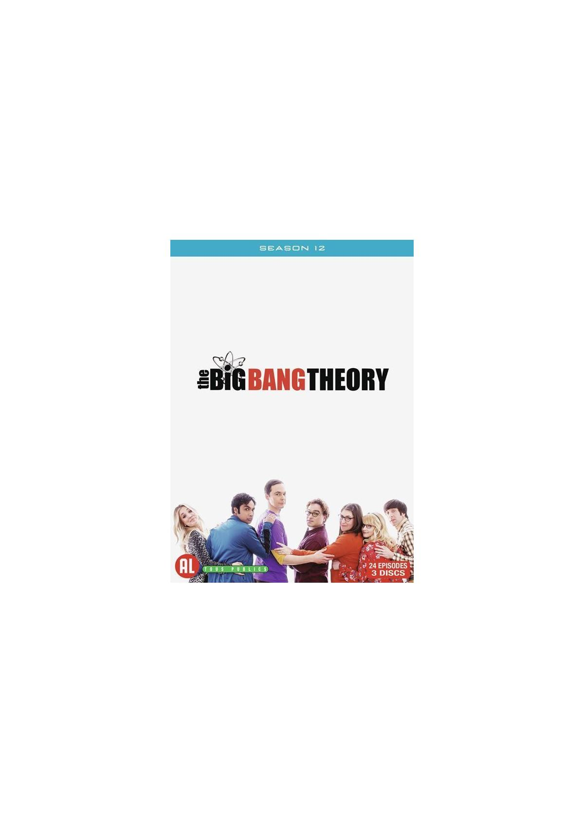 La couverture du DVD de la saison 12 de The Big Bang Theory. L'ensemble des acteurs est réuni, avec le titre de la série.