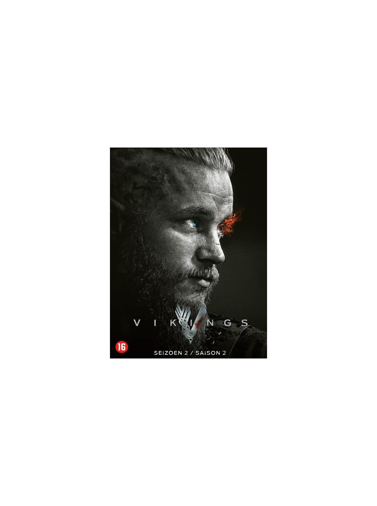 DVD-hoes: Een man met baard en rode ogen. Titel 'Vikings'. De man kijkt naar links.