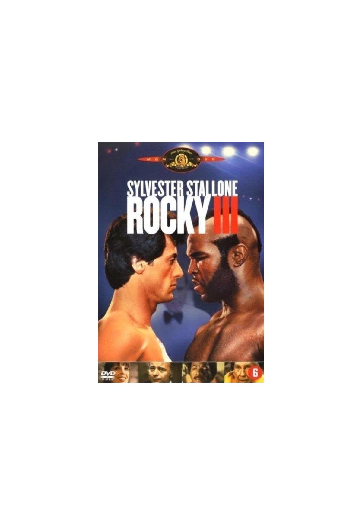 Filmposter voor "Rocky III". Sylvester Stallone en een andere man staan tegenover elkaar in een boksring.