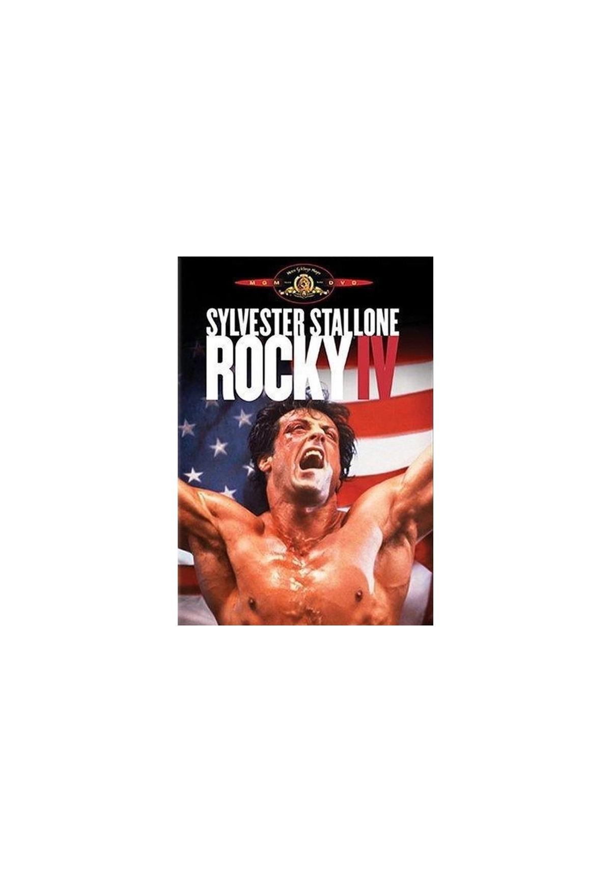 Filmposter. Sylvester Stallone, ontbloot bovenlijf, viert voor een Amerikaanse vlag; 'ROCKY IV'.
