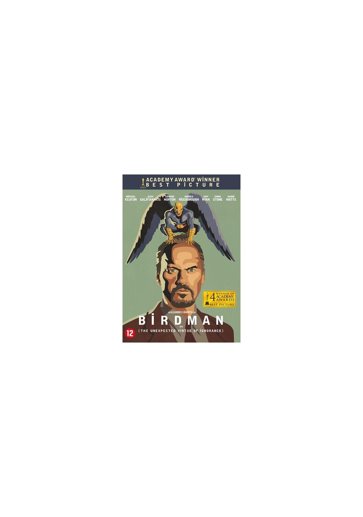 Couverture DVD de 'Birdman'. Un homme avec une tête d'oiseau et le titre.