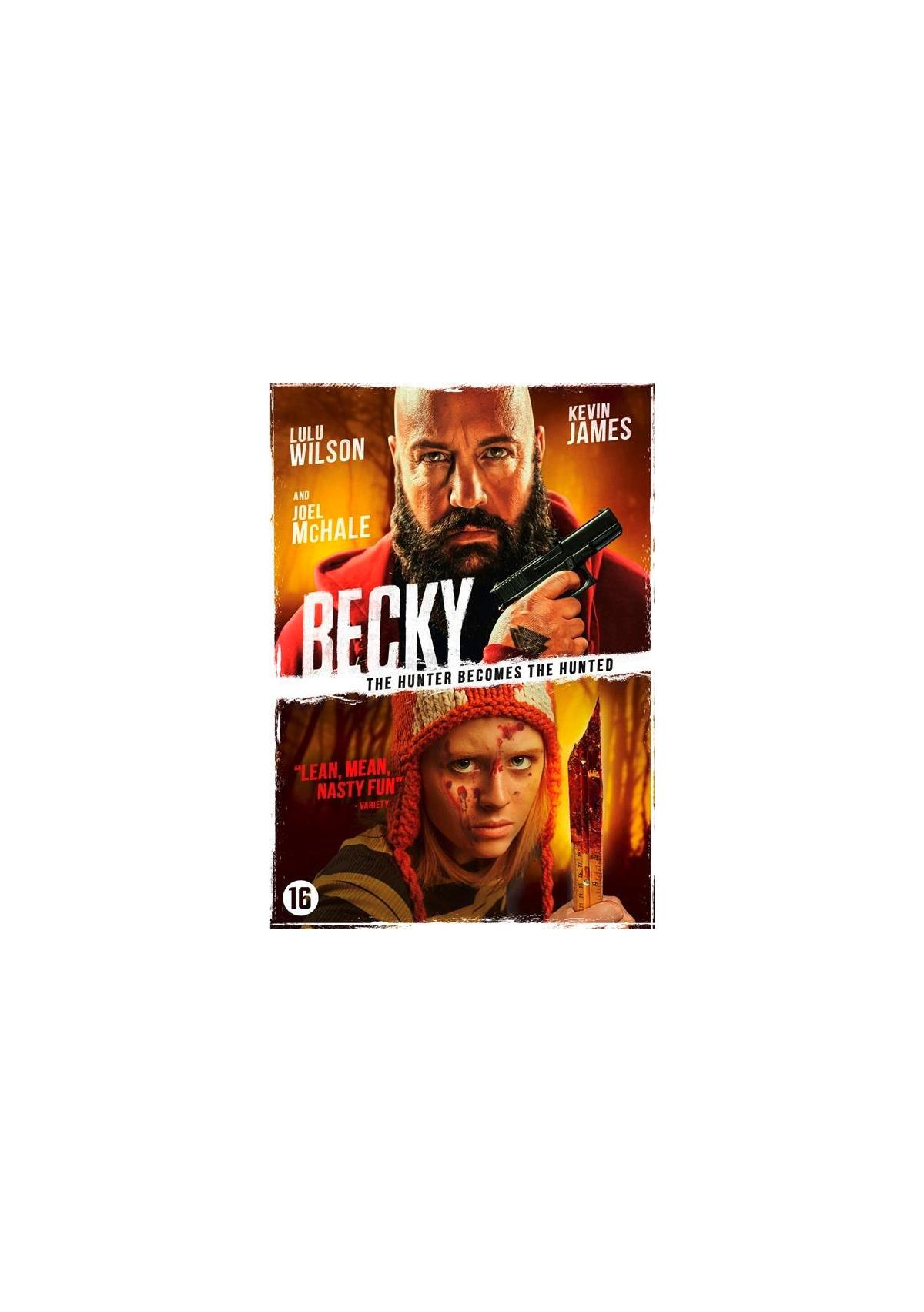 DVD-cover van 'Becky'. Een man met een pistool, een meisje met een mes.